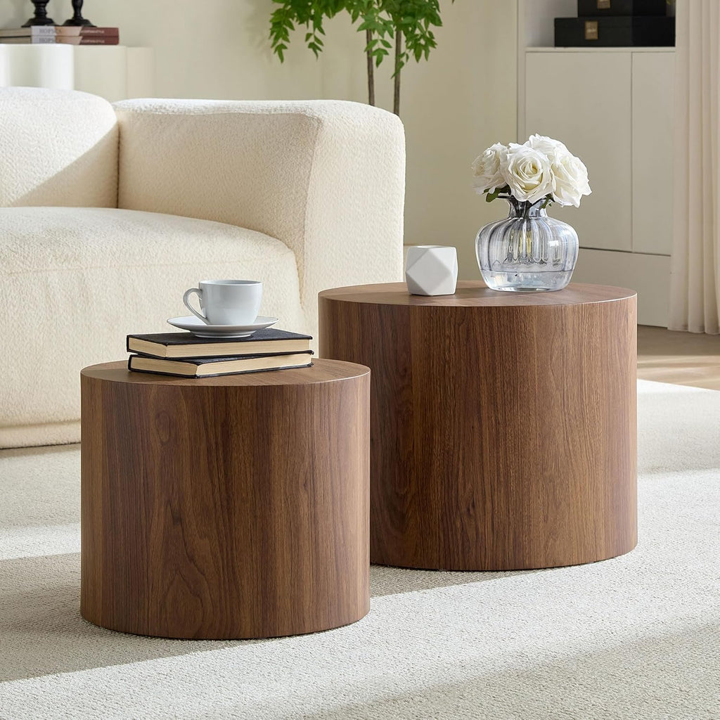 Round Coffee Table Set of 2, Nesting Coffee Table and End Table Set Wood Small Circle Drum Side Table for Living Room Office, No Assembly,Walnut