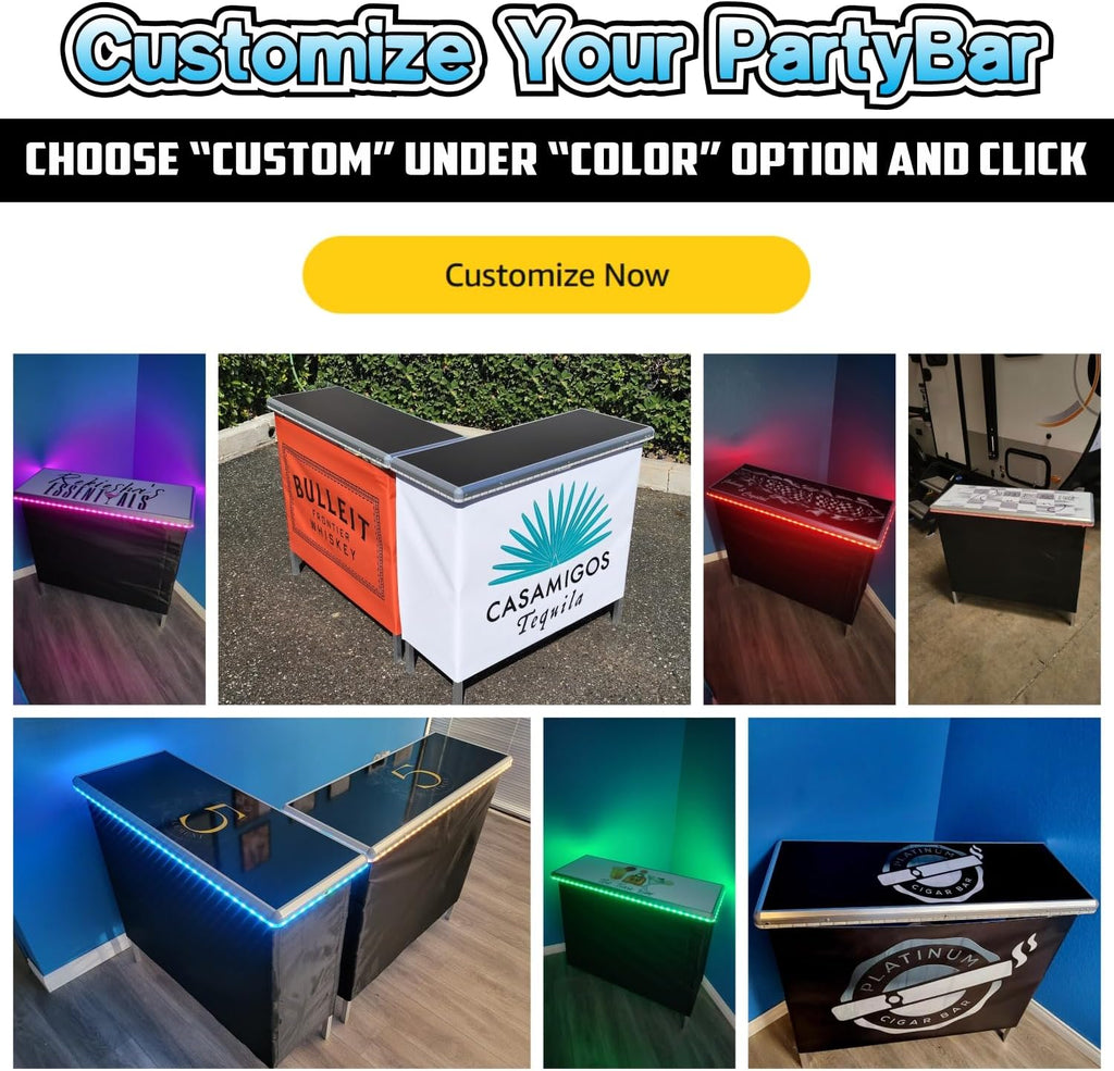 PartyLife Custom Premium Portable Bar Table w/LED Lights, Wireless Remote, Folding Legs, Black Fabric Bar Skirt, 2 Storage Shelves & 2 Carrying Bags | Commercial Grade | Strong & Sturdy
