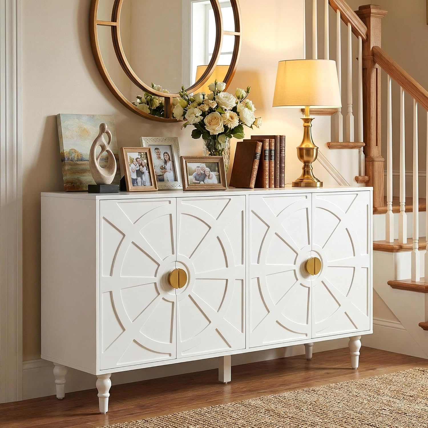RoyalCraft Buffet Cabinet with Storage, Vintage Sideboard with Ship Wheel Pattern and 4 Doors, Wood Credenza Coffee Bar Table with Solid Wood Legs for Kitchen, Dining Room, Living Room, White