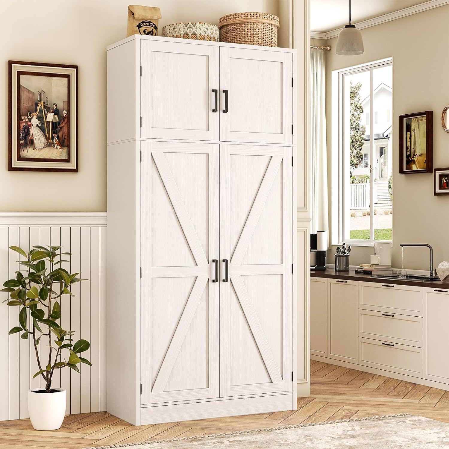 Unikito 71” Tall Storage Cabinet, Large Farmhouse Kitchen Pantry Storage Cabinet with Adjustable Shelves and Barn Doors, Versatile Storage Cupboard for Dinning Room, Bathroom, Living Room, White