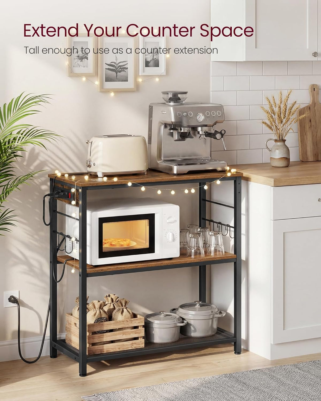 VASAGLE Kitchen Island with Power Strip, Microwave Oven Stand, Kitchen Shelf, Baker's Rack with 3 Open Shelves, 6 Hooks, Metal Frame, 15.7 x 31.5 x 35.4 Inches, Rustic Brown and Black UKKI102KD02S