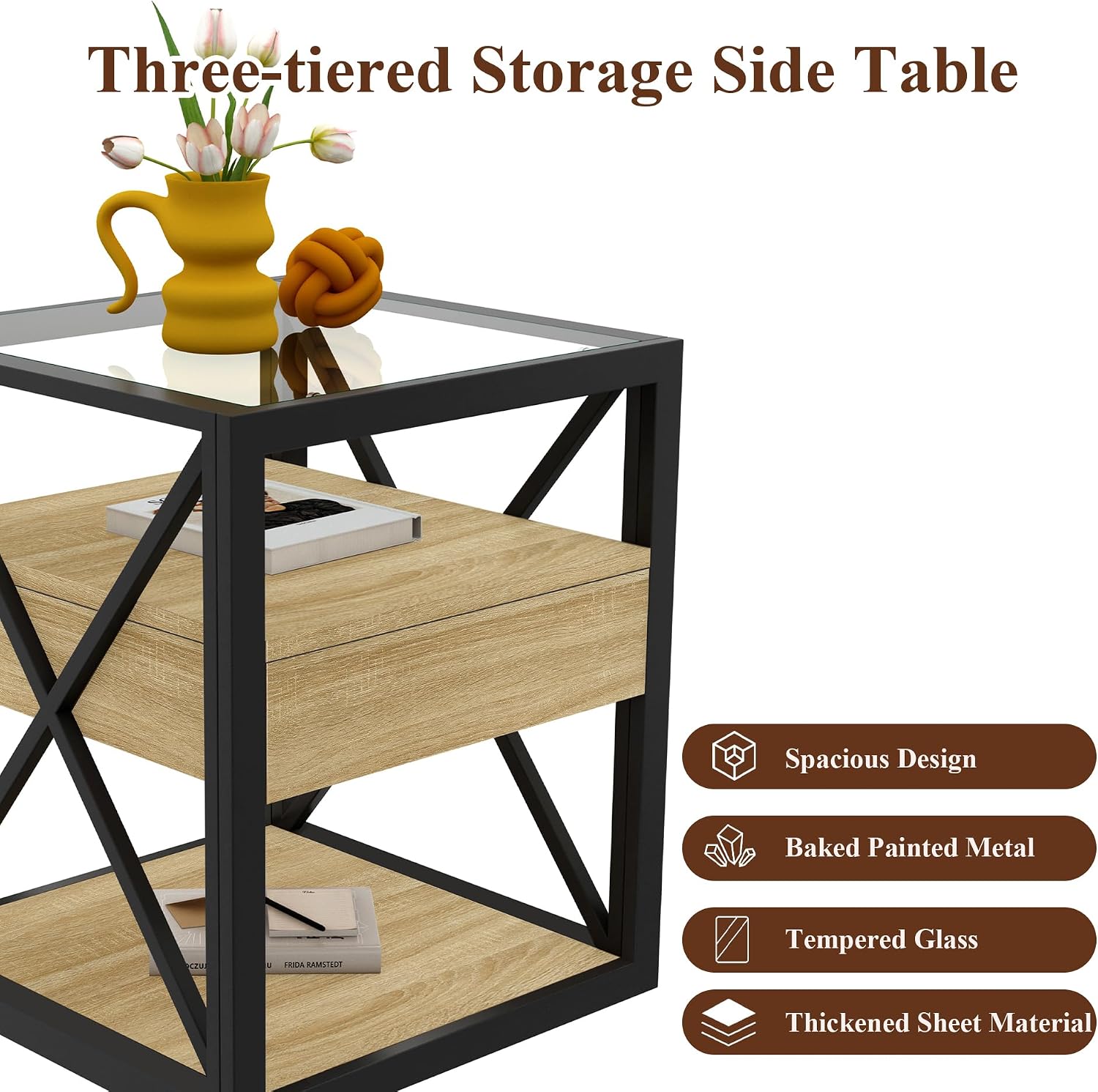 Set of 2 Modern Industrial End Tables with Drawer - Nightstands with Tempered Glass Top, Natural Wood MDF & Black Metal X-Frame Side Tables for Bedroom & Living Room, 3-Tier Storage