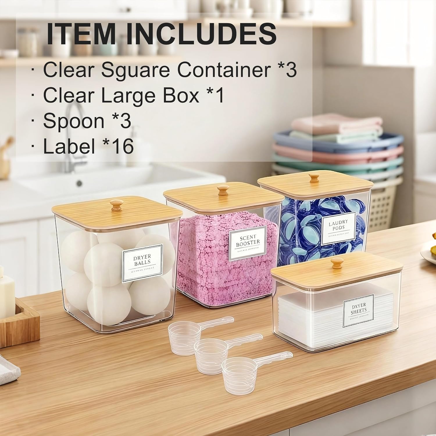FUSHITON Laundry Pods Storage Container, 3+1 Clear Storage Bins with Bamboo Lids for Detergent Pods, Scent Beads & Dryer Sheets, Includes 16 Labels and 3 Measuring Scoops