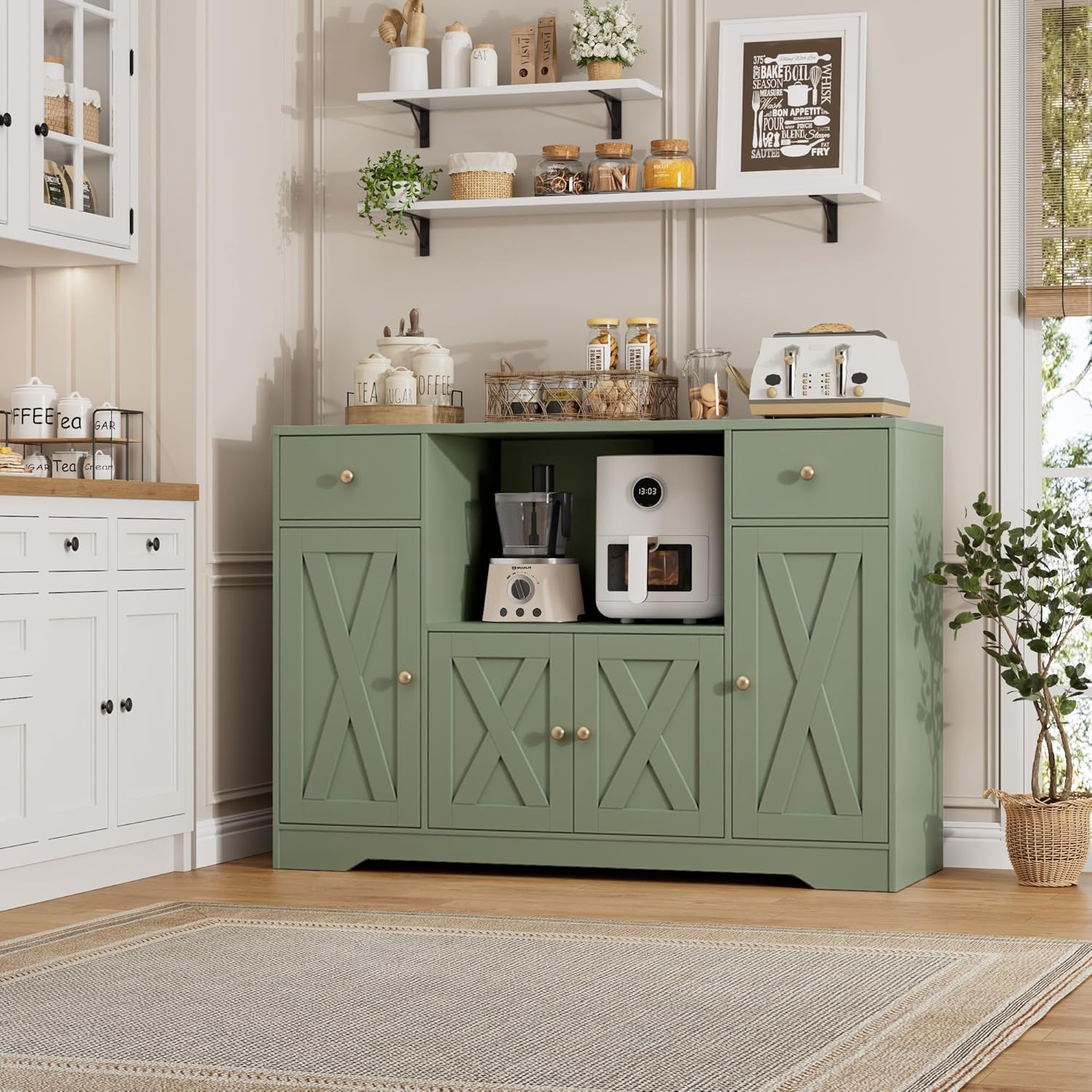 HOSTACK Microwave Cabinet with Charging Station, 47" W Kitchen Storage Cabinet with Microwave Stand, Farmhouse Buffet Sideboard with Drawers and Shelves for Kitchen, Dining Room, Green