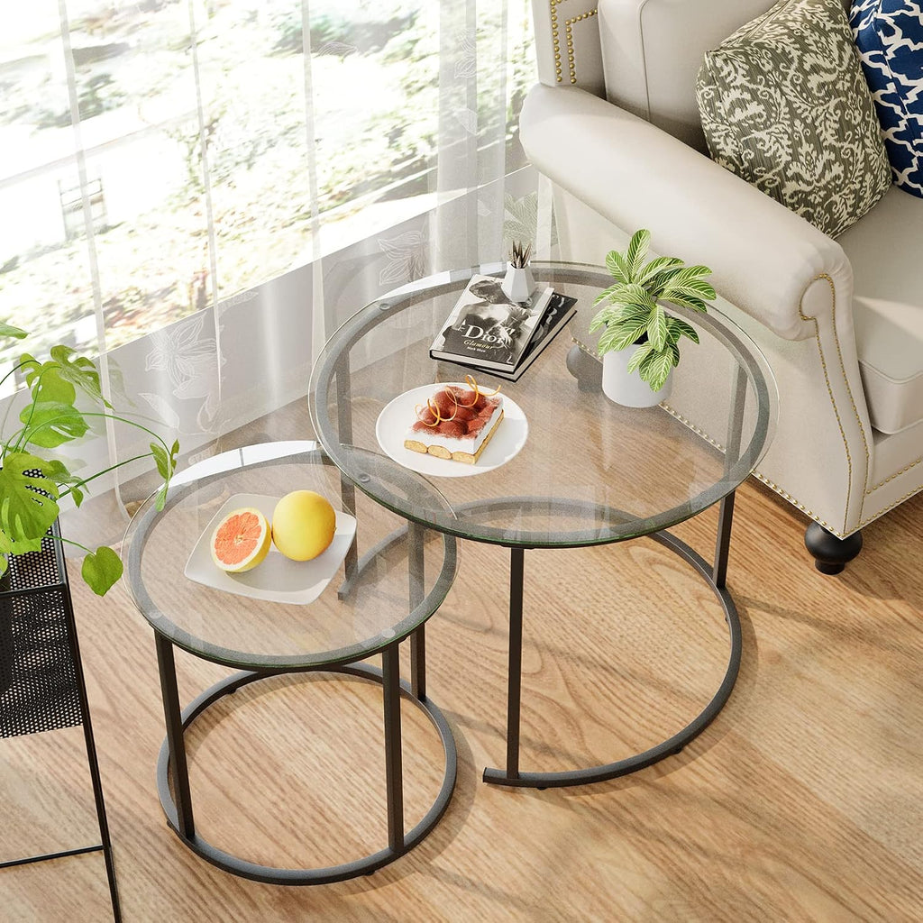 Nesting Coffee Table Set of 2,Modern Black Tempered Glass Side Table, Metal Frame Round End Table.Small Glass Tea Table for Living Room,Bedroom Studio Apartment Essentials，17.7IN