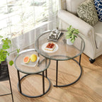 Nesting Coffee Table Set of 2,Modern Black Tempered Glass Side Table, Metal Frame Round End Table.Small Glass Tea Table for Living Room,Bedroom Studio Apartment Essentials，17.7IN