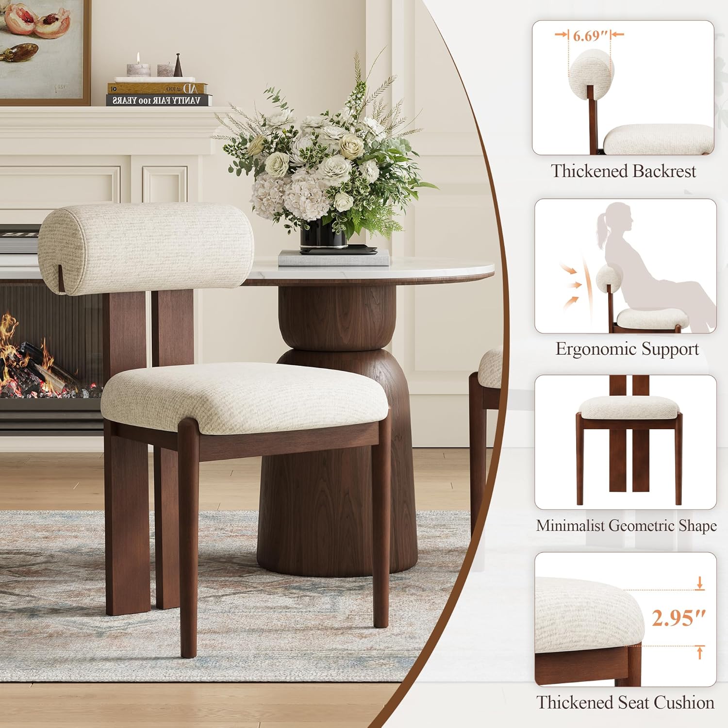 MALOL Modern Wooden Dining Chairs Set of 2, Upholstered Fabric Kitchen Chairs with Sculptural Backrest, Mid-Century Farmhouse Dining Room Chairs with Solid Wood Legs, Beige