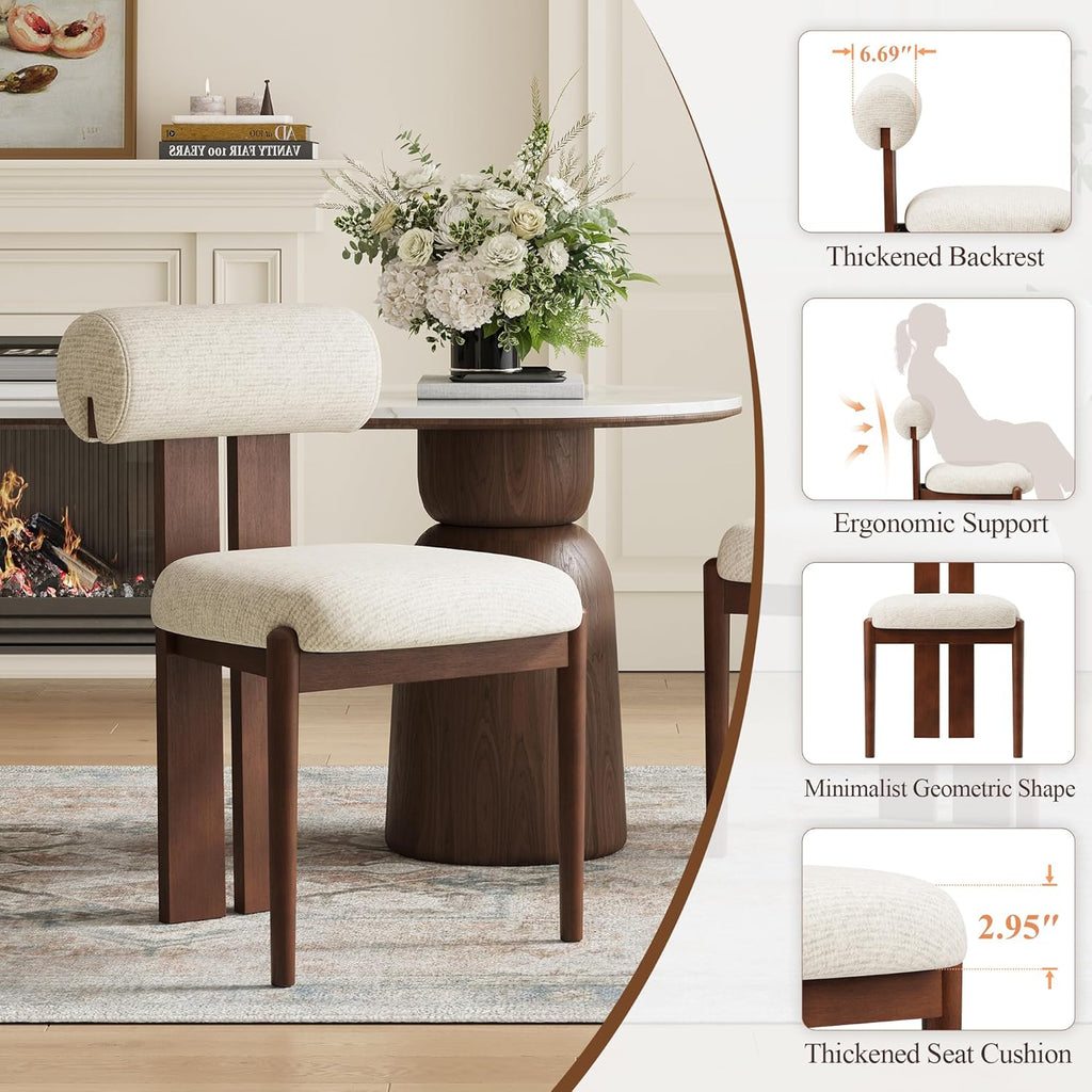 MALOL Modern Wooden Dining Chairs Set of 6, Upholstered Fabric Kitchen Chairs with Sculptural Backrest, Mid-Century Farmhouse Dining Room Chairs with Solid Wood Legs, Beige