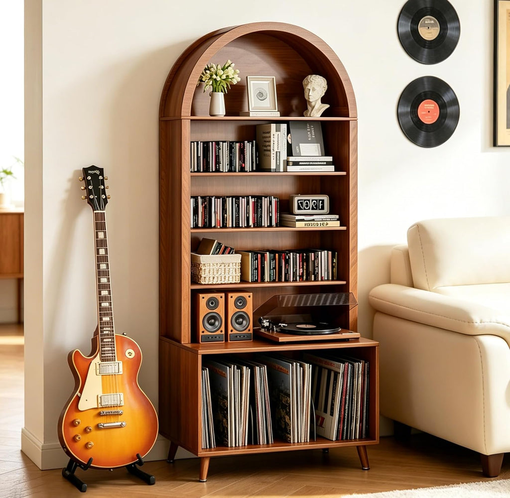 Large Record Player Stand with Vinyl Storage,6-Tier Arched Record Player Table Holds Up 350+ Albums, Turntable Stand with CD/DVD Rack,Vinyl Record Storage for Living Room (Walnut, 31.49''W)