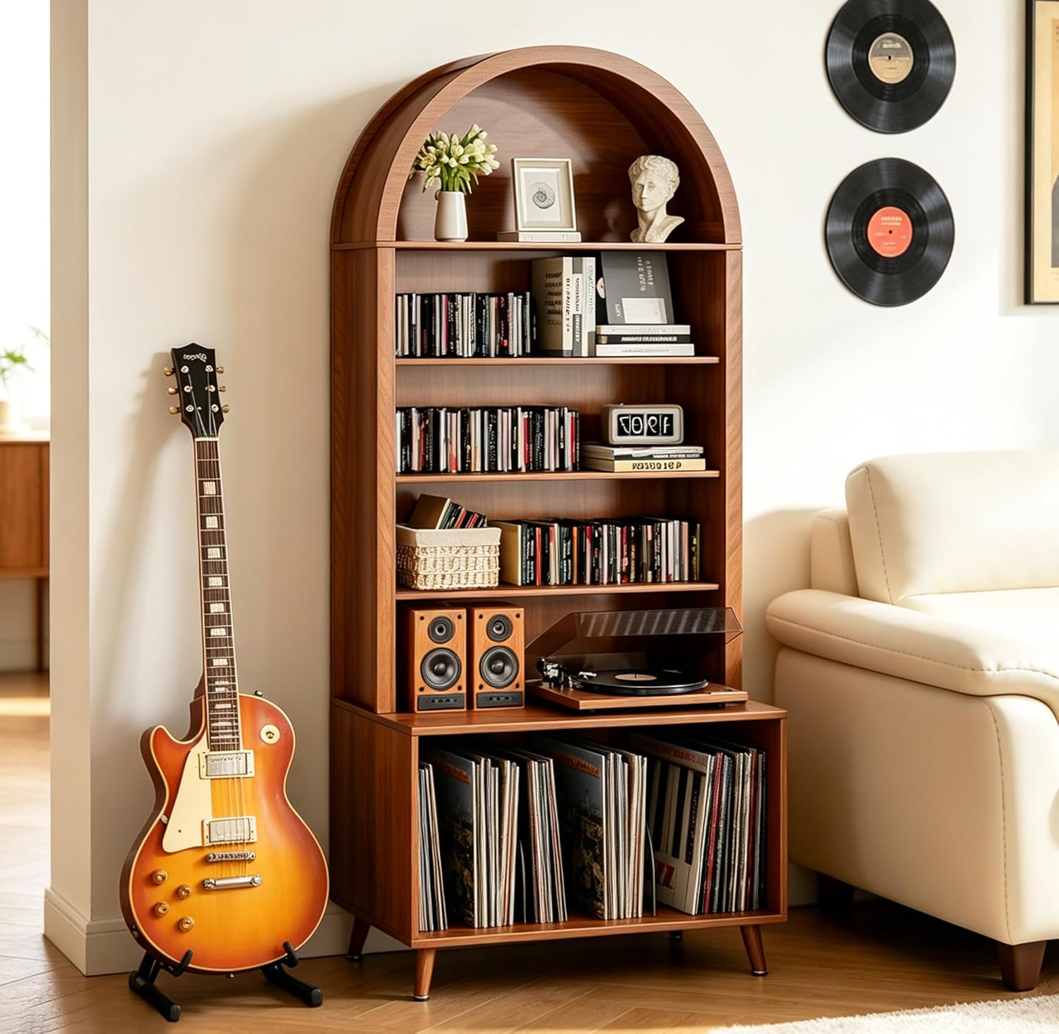 Large Record Player Stand with Vinyl Storage,6-Tier Arched Record Player Table Holds Up 350+ Albums, Turntable Stand with CD/DVD Rack,Vinyl Record Storage for Living Room (Walnut, 31.49''W)