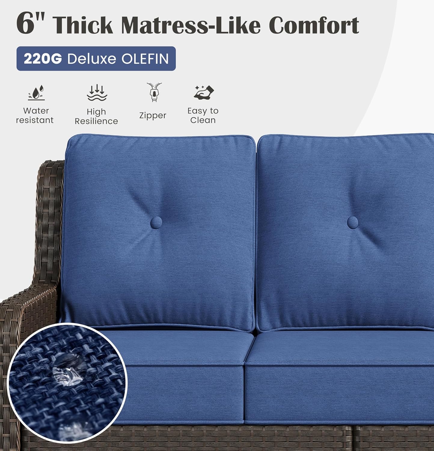 Sundale Outdoor Wicker 3-Seat Patio Sofa, Luxury Outdoor Couch with High Back & Wider Armrests, Patio Furniture with 6-inch Cushions for Yard, Deck, Poolside (Blue)
