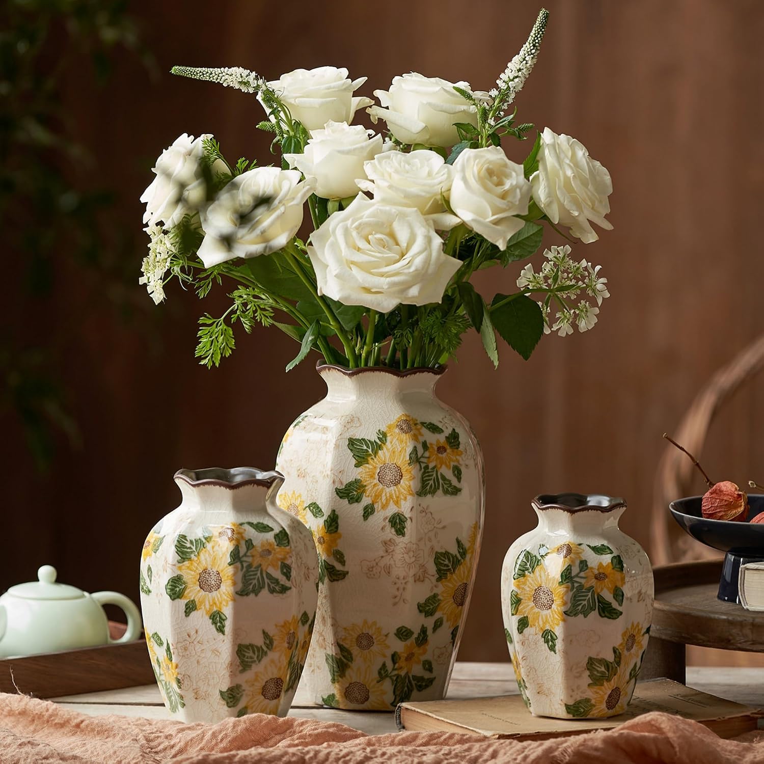 Levvohd Vintage Octagonal Ceramic Vase Sunflower Pattern 9.3 Inch | Rustic Farmhouse Antique, Chinoiserie Floral, Pastoral, For Wall Art Bedroom and Shelf