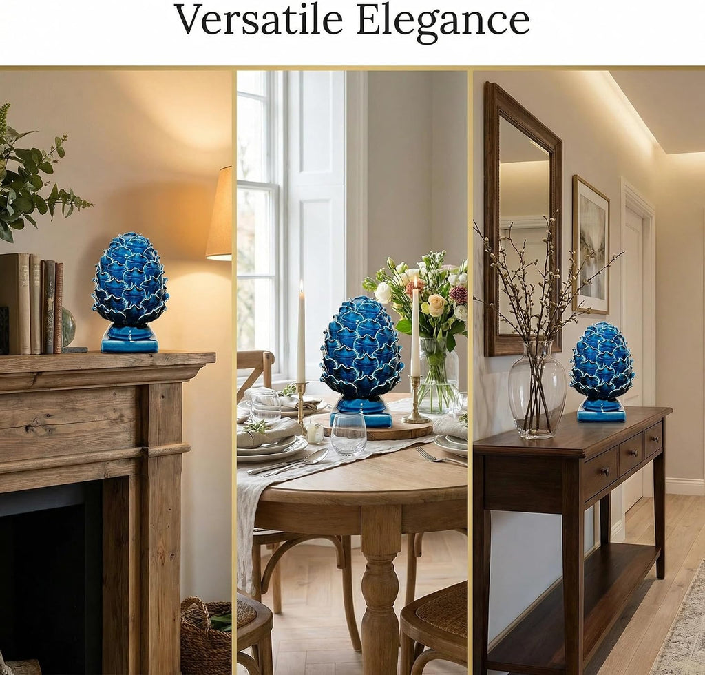 Blue Ceramic Artichoke Statue | Unique Artisanal, Decorative Sculpture, For Living Room, Office, Bookshelf