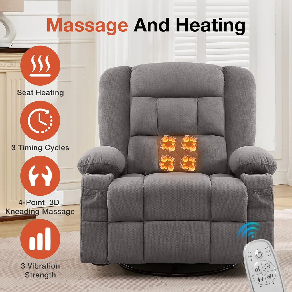 Rocker Recliner Chair with Heating and Kneading Massage for Adults,360°Swivel Rocker Recliner with Cup Holder and USB Charge Port for Living Room,Bedroom, Nursery