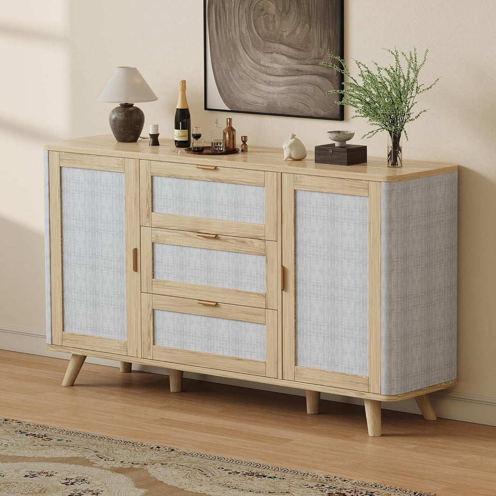 63" Large Farmhouse Storage Cabinet with 3 Drawers 2 Doors, Wood Buffet Sideboard Cabinet Coffee Bar for Kitchen, Living Room