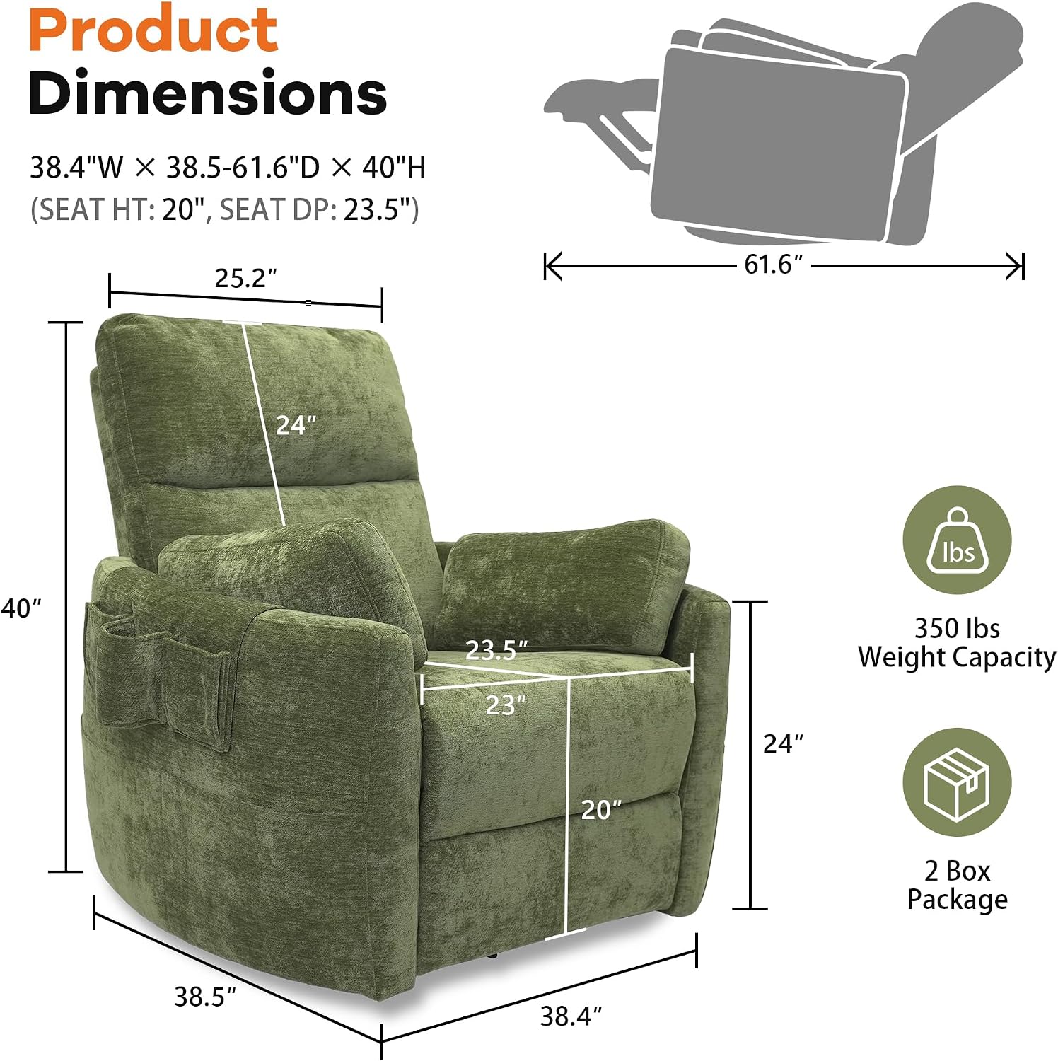 Chenille Power Swivel Glider Recliner Chair for Nursery, Detachable Storage Bag, Green
