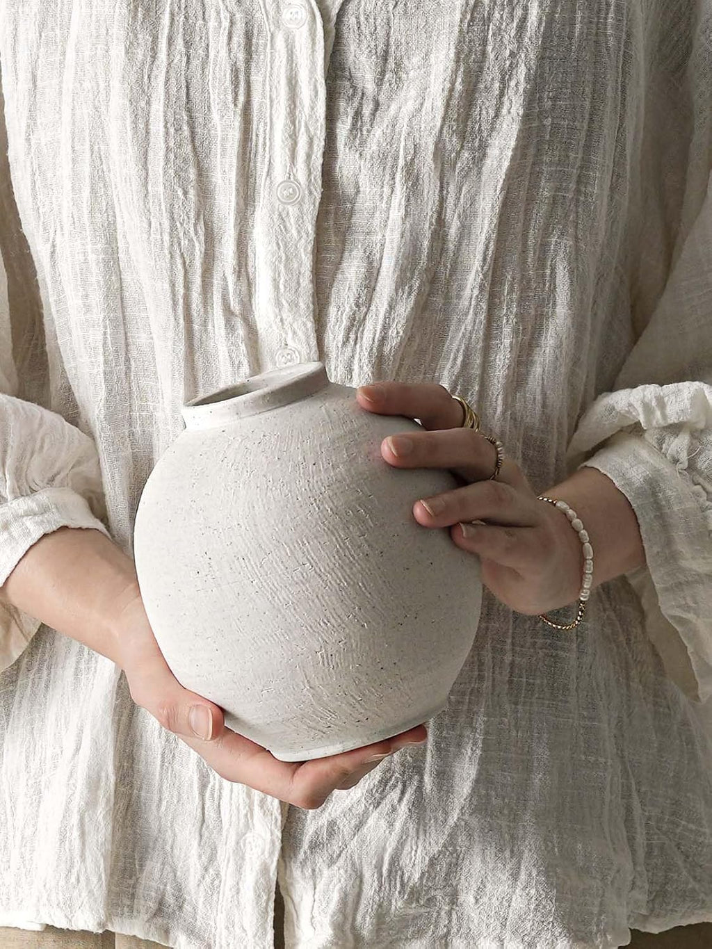 Small White Ceramic Vase - 6.3 Inch Rustic Farmhouse Flower Vase for Home Decor, Minimalist Vases for Living Room, Table, Bathroom, Holiday & Weddings (Sandstone White)