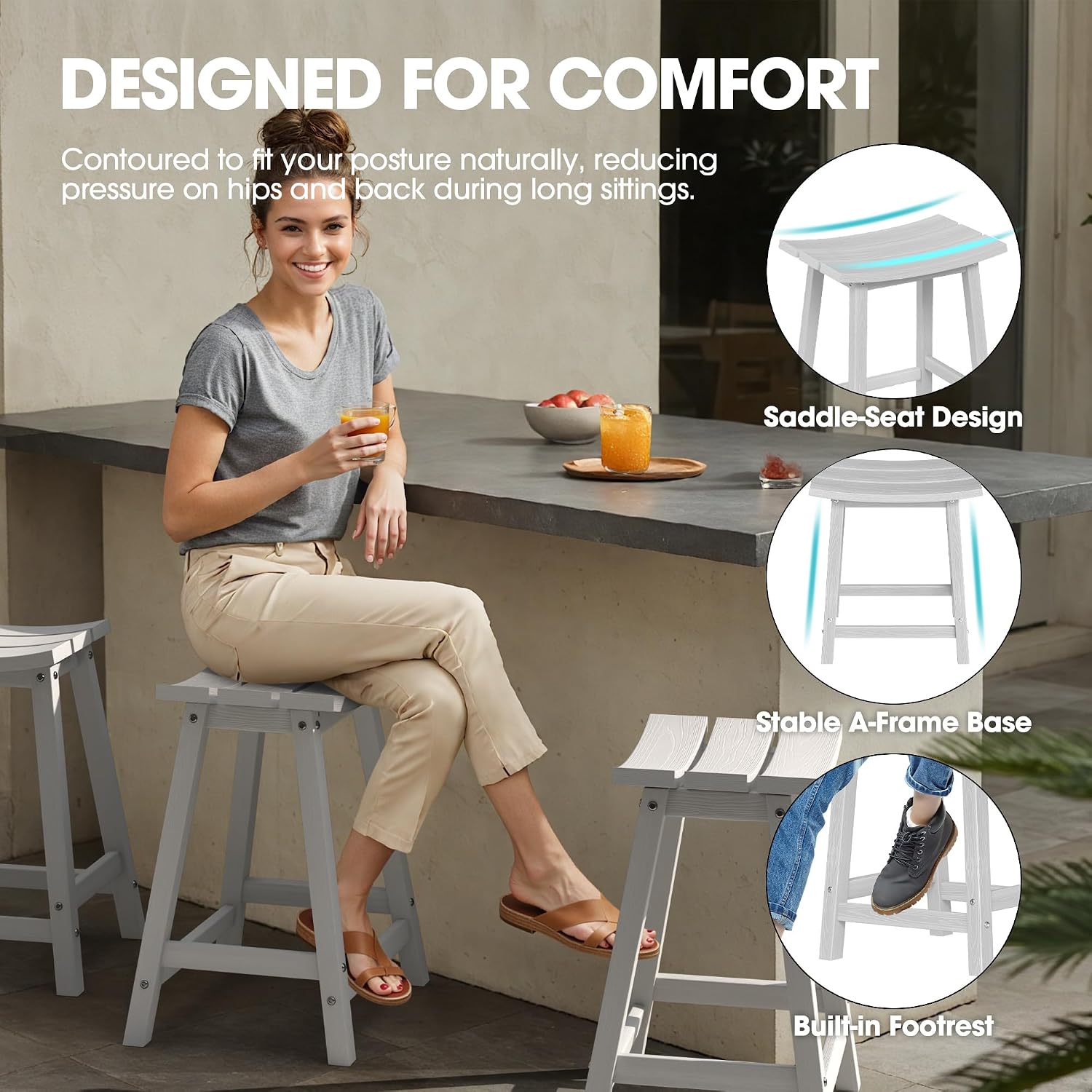 Ciokea 2 Set 24" Outdoor Bar Stools Heavy Duty HDPE Counter Height Bar Stools Weatherproof Patio Seats Modern Waterproof BarStools for Bar Deck Balcony Kitchen Counter Yard, White