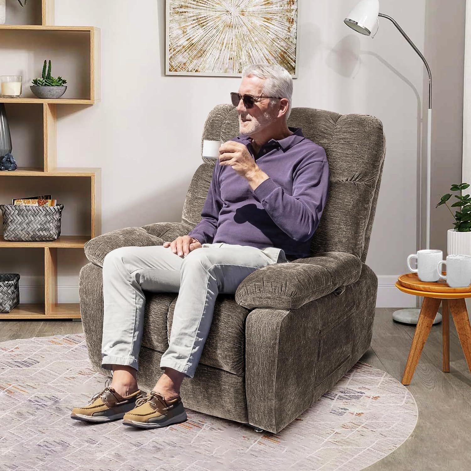 Lay Flat Sleeping Dual Motor Lift Recliner Chair with Massage and Heating for Elderly,Infinite Position Soft Fabric Power Electric Recliner Chair (Brown-180-Lay Flat-No Cup Holder)