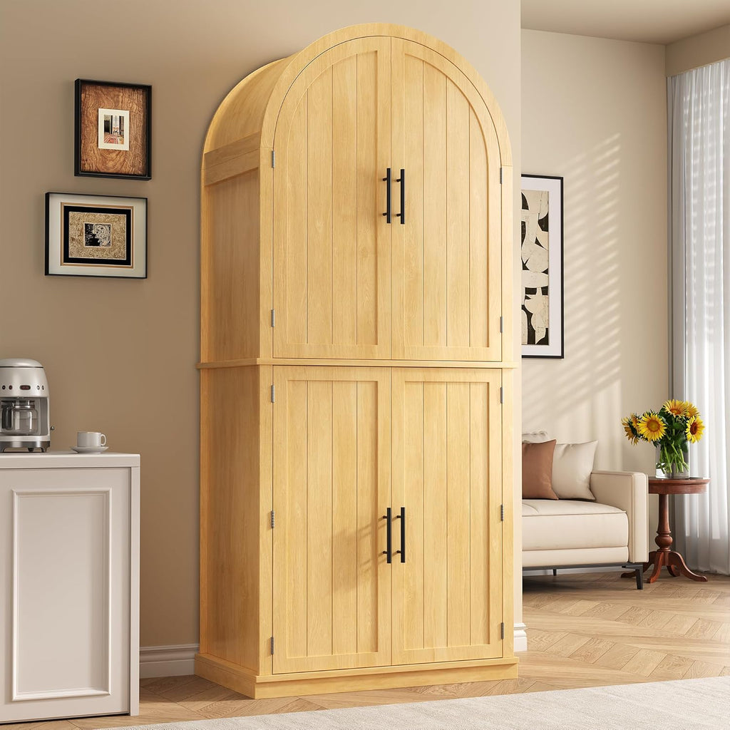 iPormis 71" Tall Arched Cabinet with Doors, Farmhouse Kitchen Pantry with 6-Tier Door Shelves & Drawer & Adjustable Shelves, Modern Wood Storage Cabinet for Dining Room, Living Room, Bathroom, Natural