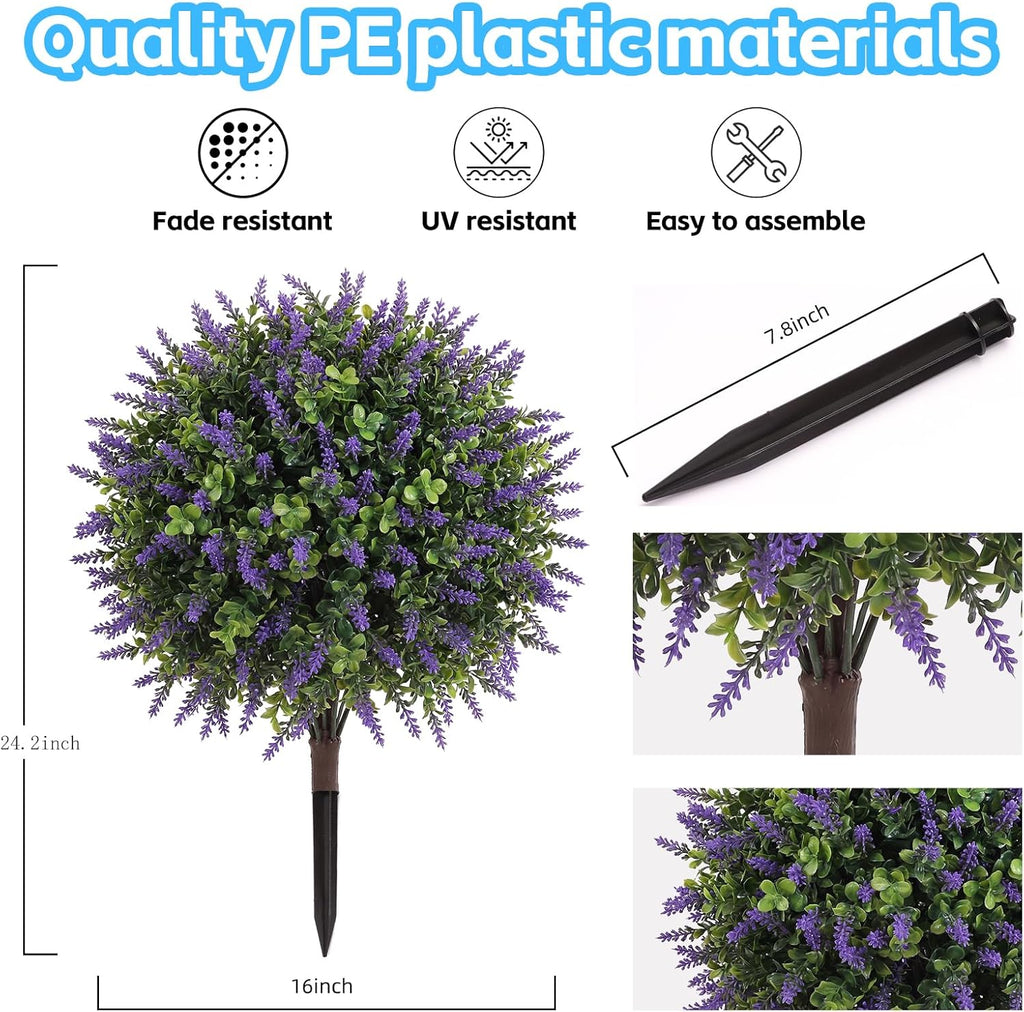 Artificial Boxwood Topiary Ball Trees with Lavender, UV Resistant Fake Shrubs Bushes with Spike Faux Evergreen Plant for Indoor Outdoor Front Porch Garden