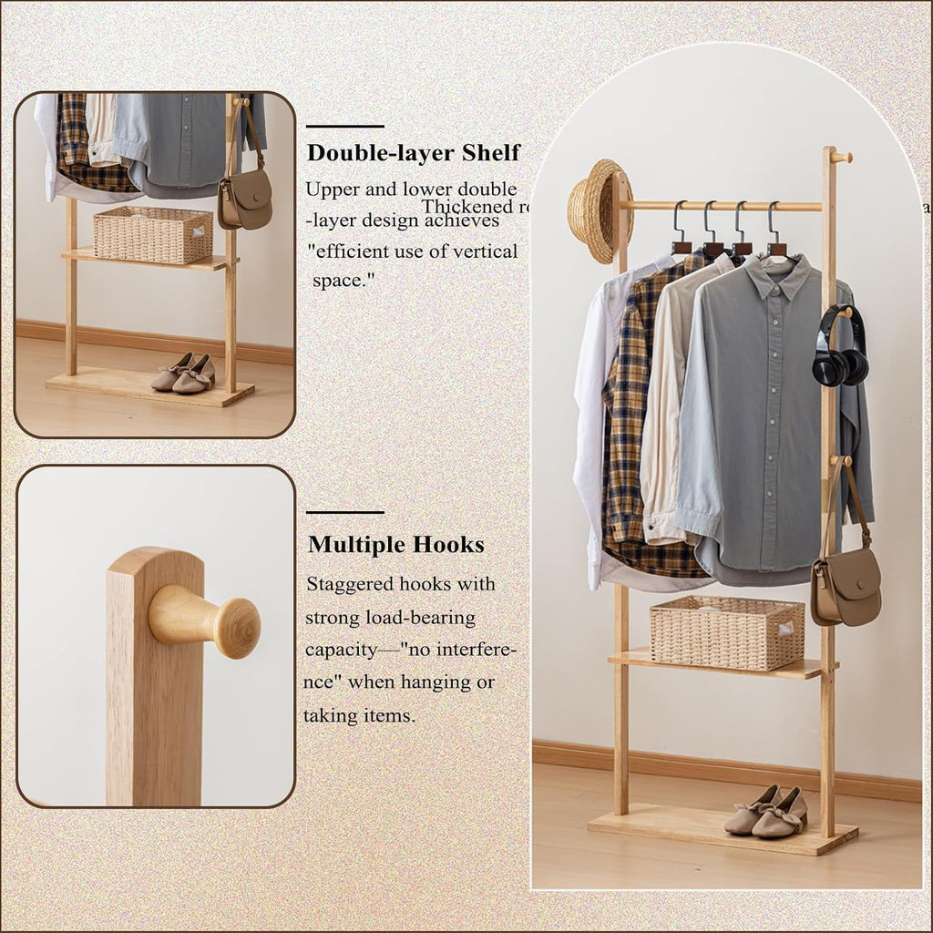 SOBIBO Wood Coat Rack Freestanding with Shelves & Hooks, 23.6inch, Natural | Solid Wood Frame, 3-in-1 Clothes Rack, Garment Rack with Storage for Bedroom, Hallway, Entryway, Office, Living Room