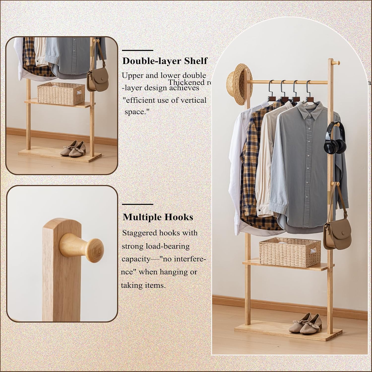 SOBIBO Wood Coat Rack Freestanding with Shelves & Hooks, 23.6inch, Natural | Solid Wood Frame, 3-in-1 Clothes Rack, Garment Rack with Storage for Bedroom, Hallway, Entryway, Office, Living Room