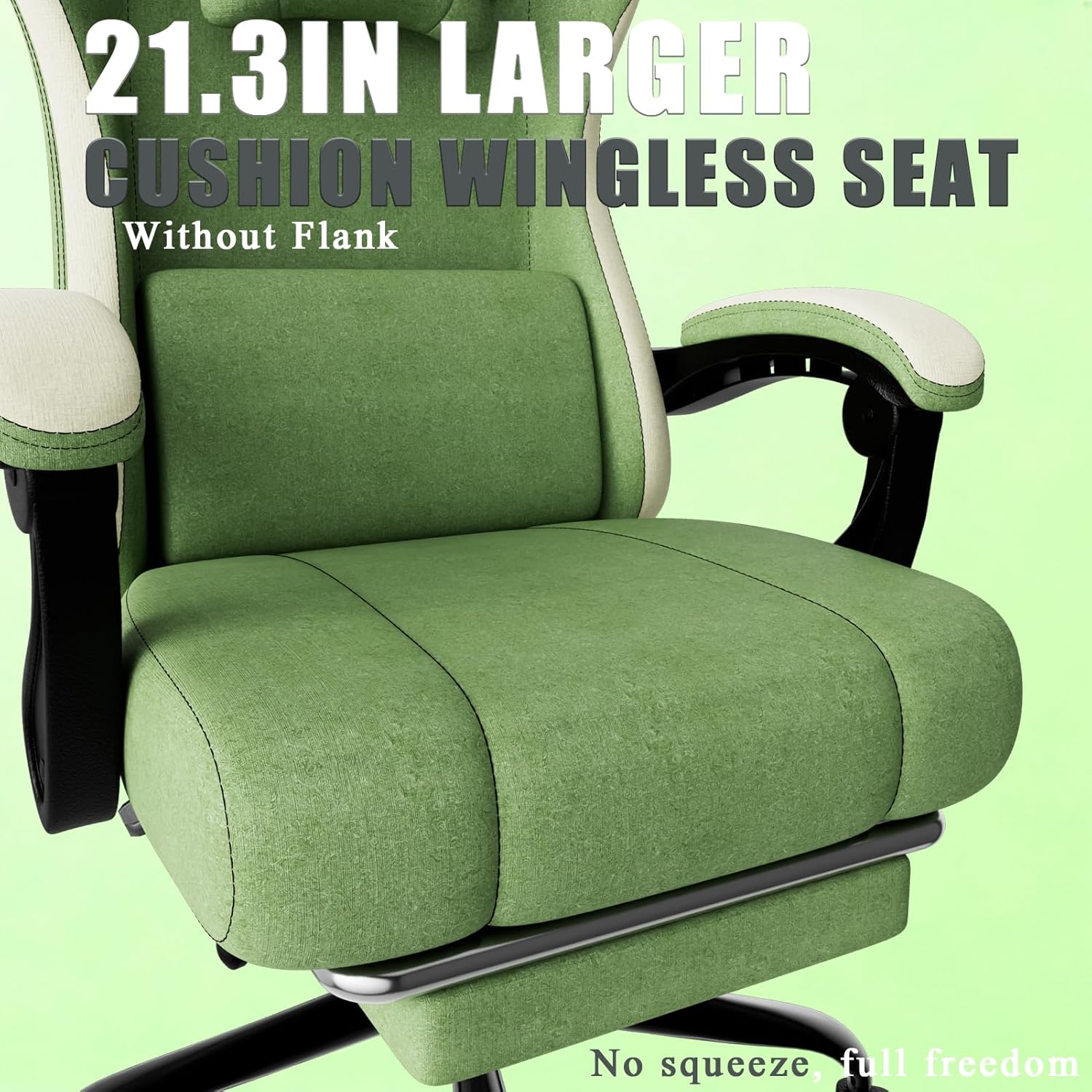 Gaming Chair, High Back Fabric Game Chair with Pocketed Spring Cushion and Footrest, Height Adjustable Computer Chair for Adults (Green)