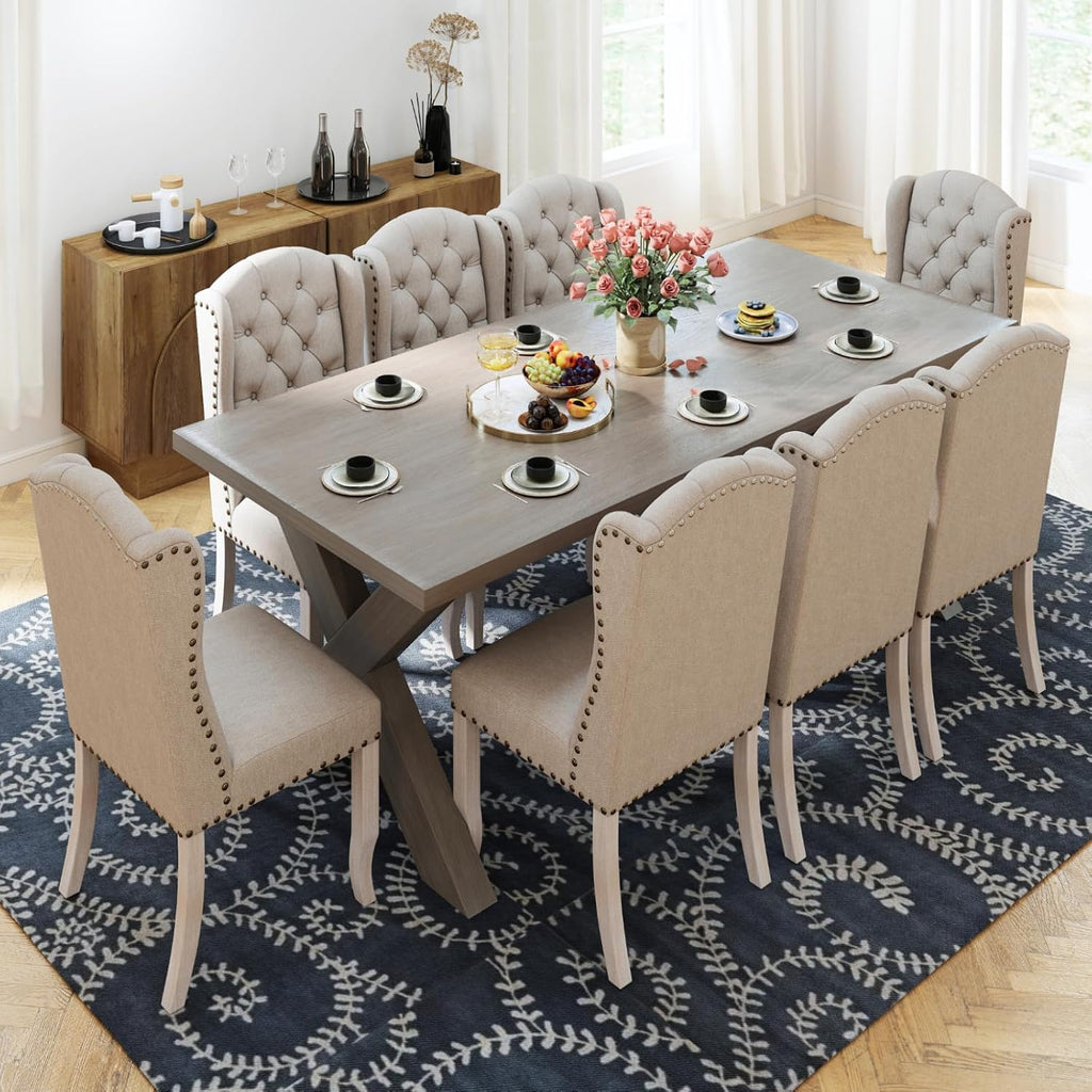Ya-Home Modern Tufted Dining Chairs Set of 8, Upholstered Kitchen Side Accent Chairs with Wingback Nail Trims Wood Legs, Farmhouse Guest Chairs for Dining/Living Room, Linen Beige