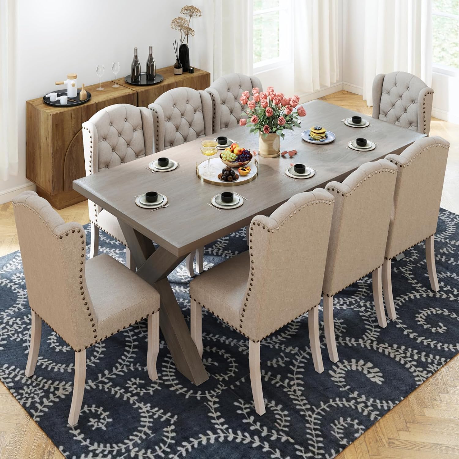 Ya-Home Modern Tufted Dining Chairs Set of 8, Upholstered Kitchen Side Accent Chairs with Wingback Nail Trims Wood Legs, Farmhouse Guest Chairs for Dining/Living Room, Linen Beige