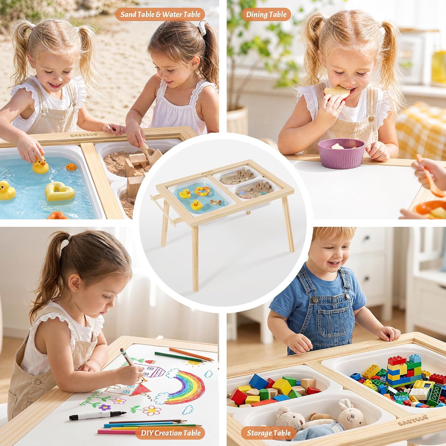 Easyego Sensory Table for Toddlers Kids Play Wooden Sand Water Table with Double-Sided Board & Foldable Storage Bins for Indoor and Outdoor Use, Birthday Gifts for Boys and Girls-Natural Color