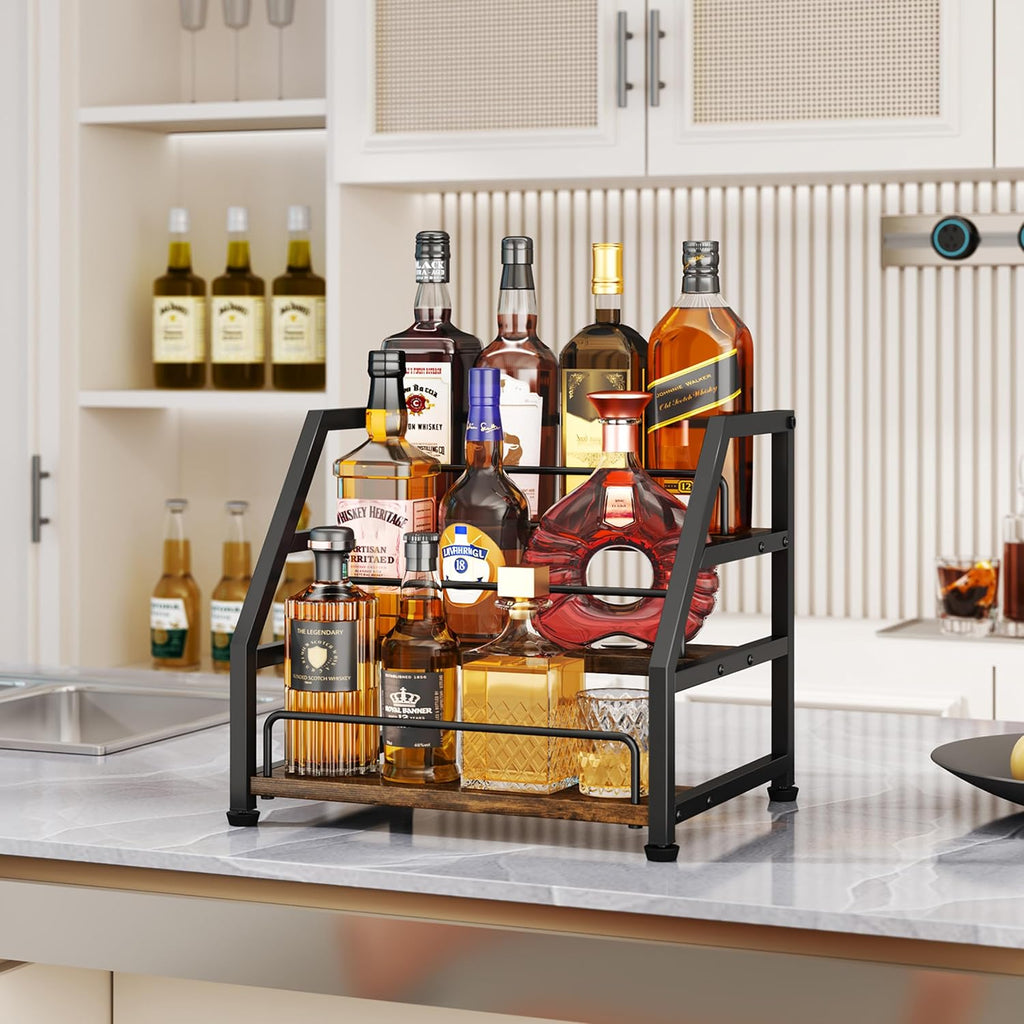 HapiRm Liquor Bottle Display Shelf - 3-Tier Stepped Liquor Cabinet Bar with Protective Fence, Countertop Wine Rack for Home
