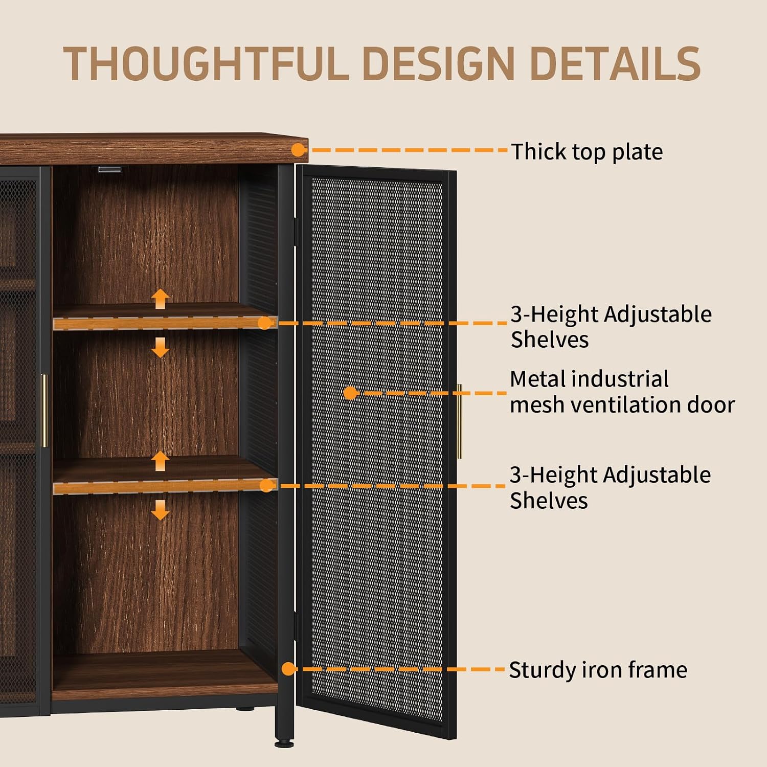 Buffet Cabinet, Metal Mesh Storage Sideboard with Adjustable Shelves, Coffee Bar Cabinet for Dining Room, Kitchen, Living Room, Entryway,Vintage Brown