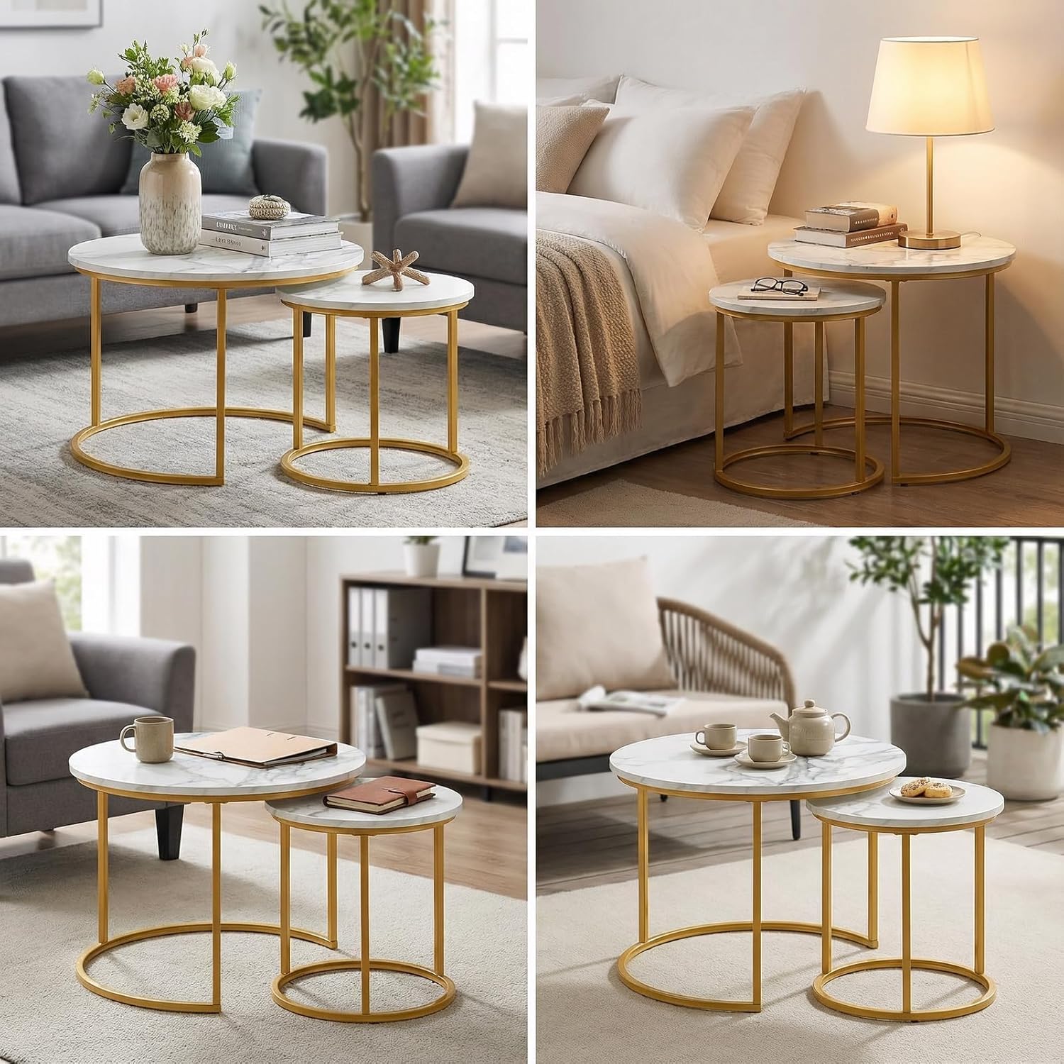 Round Nesting Coffee Table Set of 2, Modern Marble Pattern Wooden Nesting Tables, Stacking Minimalist End Table for Living Room Bedroom Small Space, (Glod Leg+White top)