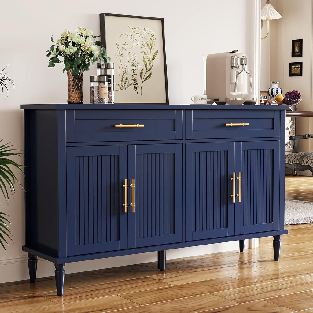 58 Inch Sideboard Buffet Cabinet with Storage, Fluted Buffet Storage Cabinet with 2 Drawers and 4 Doors, Modern Coffee Bar with Adjustable Shelves for Living Room, Kitchen (Blue)