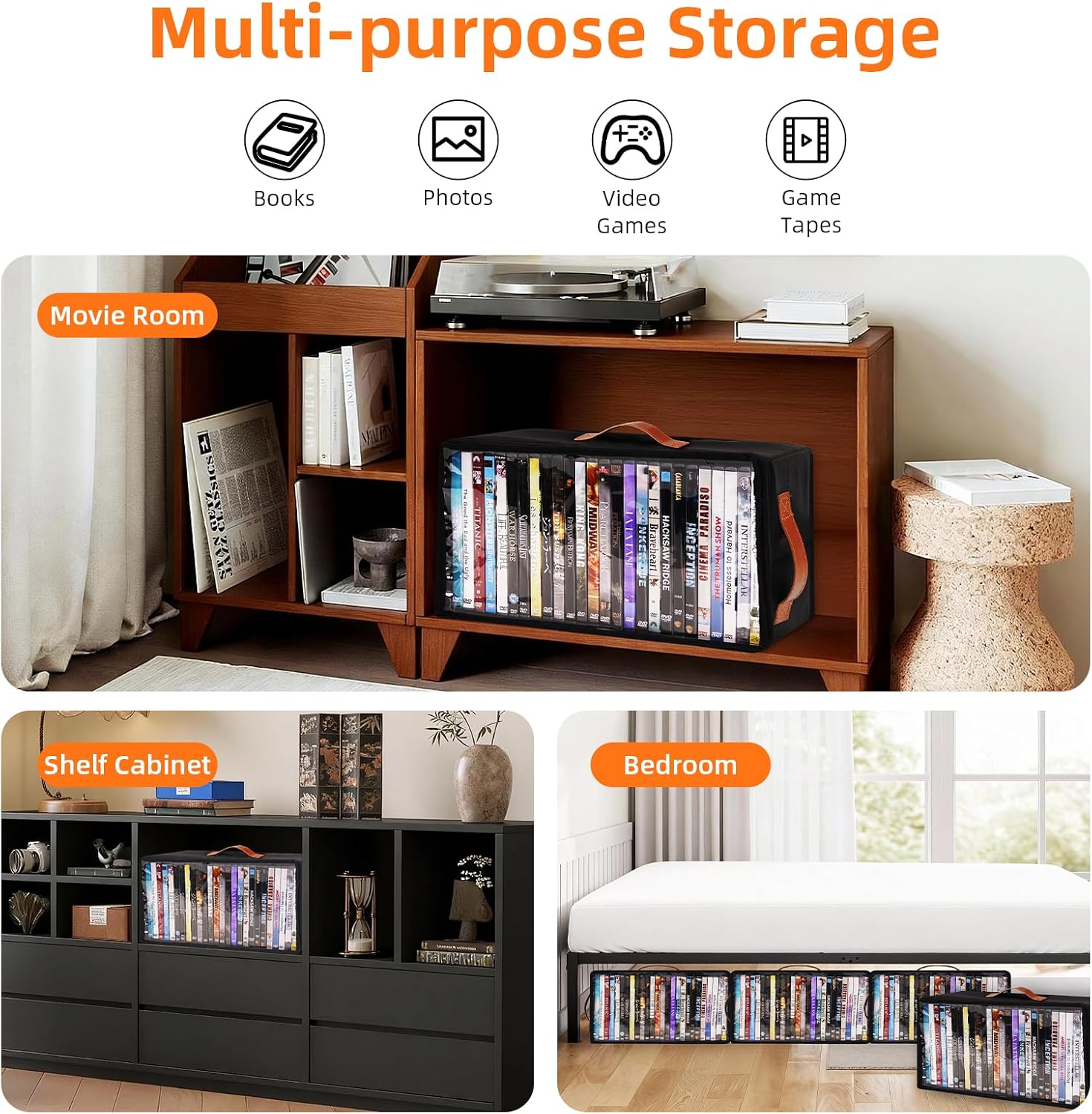 2 Pack DVD Storage Box, Stackable Oxford Fabric DVD Cases Holder with Front Zippered Clear Window and Handles, 15.7 x 7.9 x 6.1 In, Foldable DVD Organizer Rack, Holds Up to 50 DVDs (25 Each)