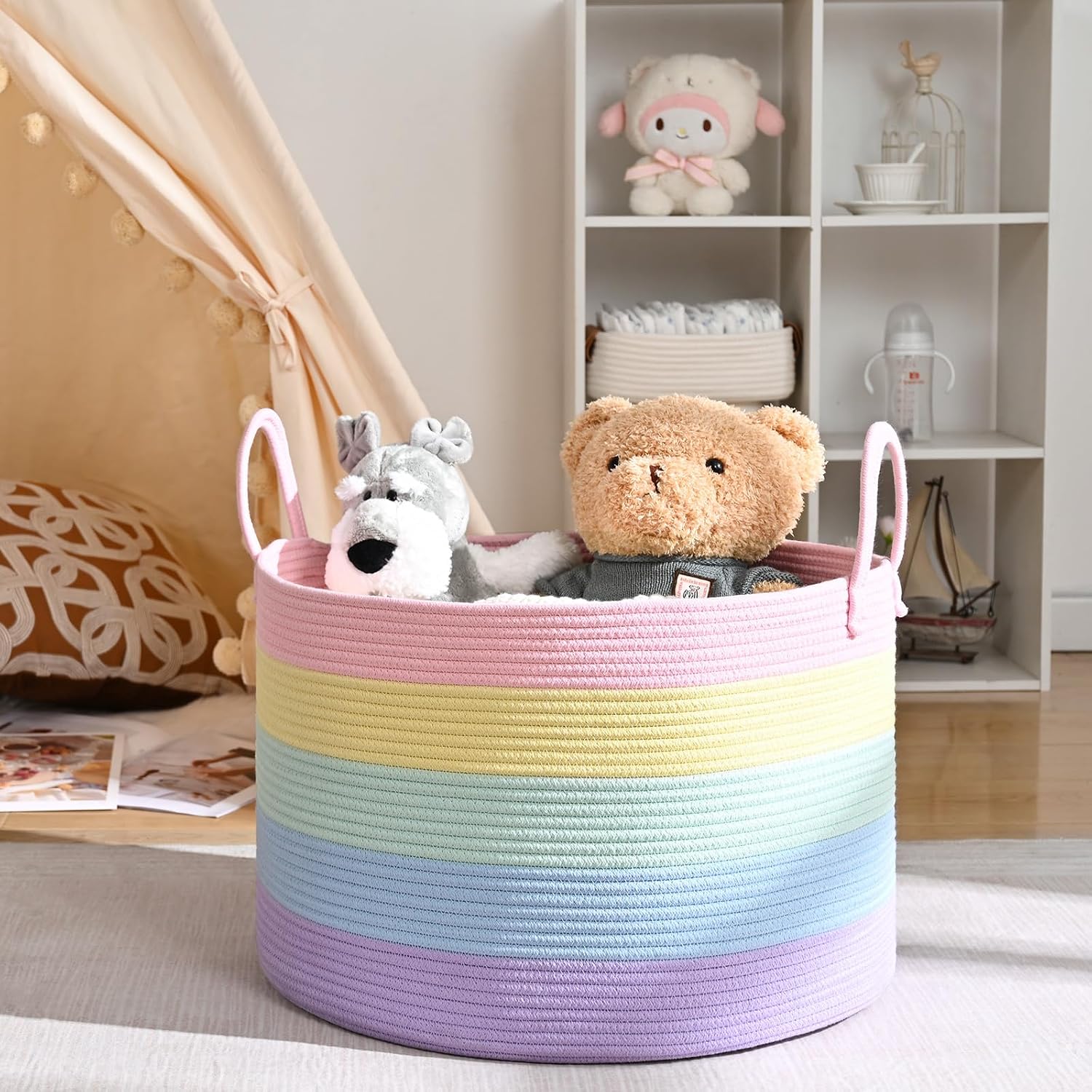 67L Large Rainbow Blanket Basket, Cotton Rope Baby Laundry Hamper with Handles, Kids Toy Basket for Classroom & Nursery, Soft Round Stuffed Animal Storage, Dog Toy Bin - 20"x13", Light Rainbow
