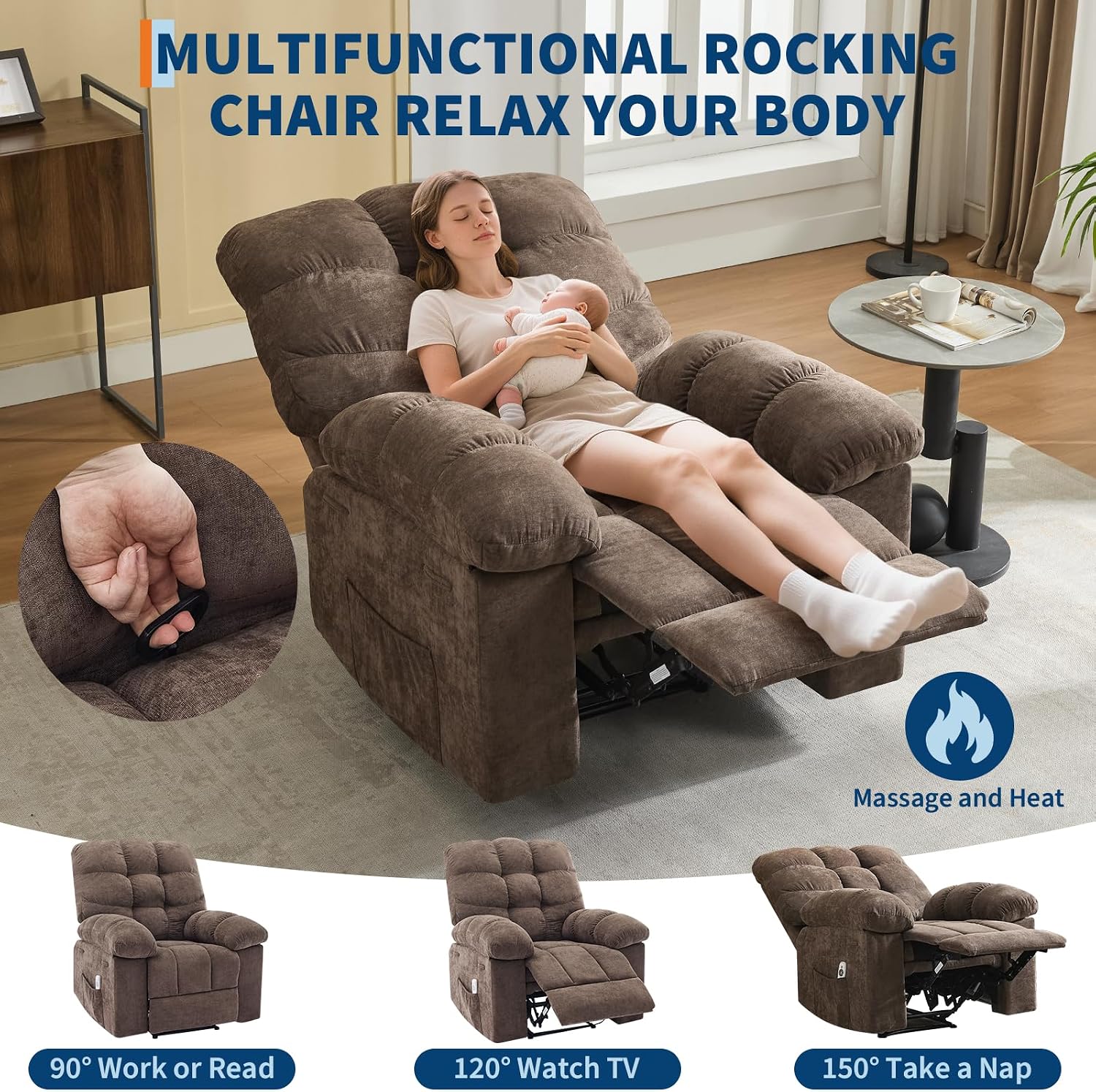 Rocking Recliner Chair with Massage & Heat, Overstuffed Fabric Upholstery, Remote Control, Side Pockets, for Living Room, Bedroom, Nursery, Home Theater, Coffee