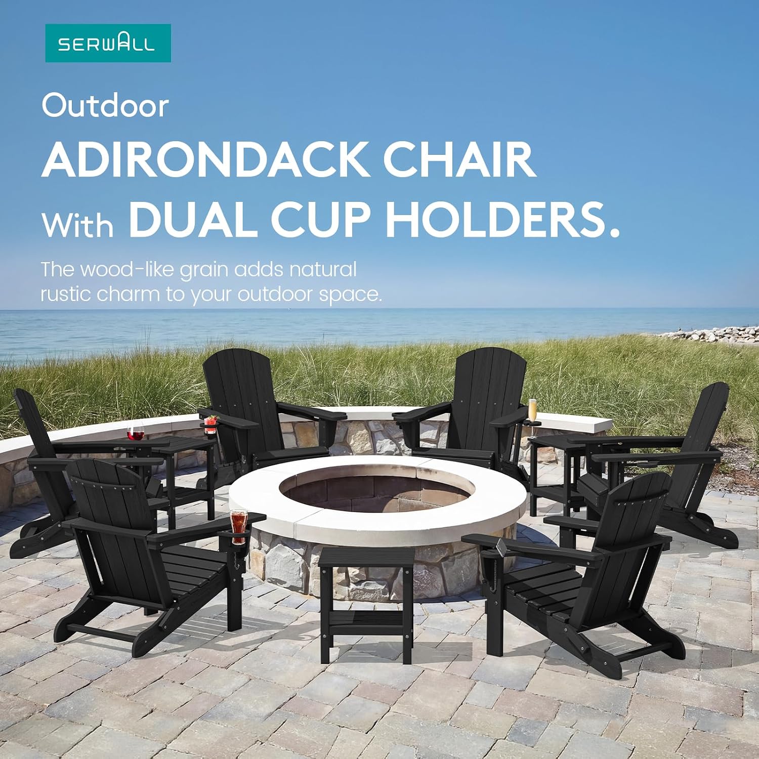 SERWALL Folding Adirondack Chairs with Dual Cup Holder, HDPE Adirondack Chairs Set of 4, Plastic Outdoor Chairs,Black
