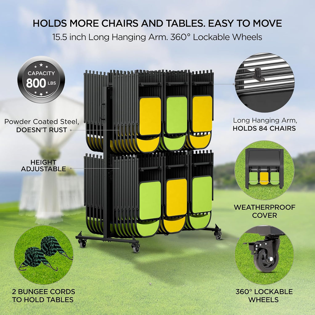 Folding Chair Rack Folding Chair Cart Storage Dolly with Wheels and Holder for Tables Includes Weatherproof Cover (84 Chair Capacity)