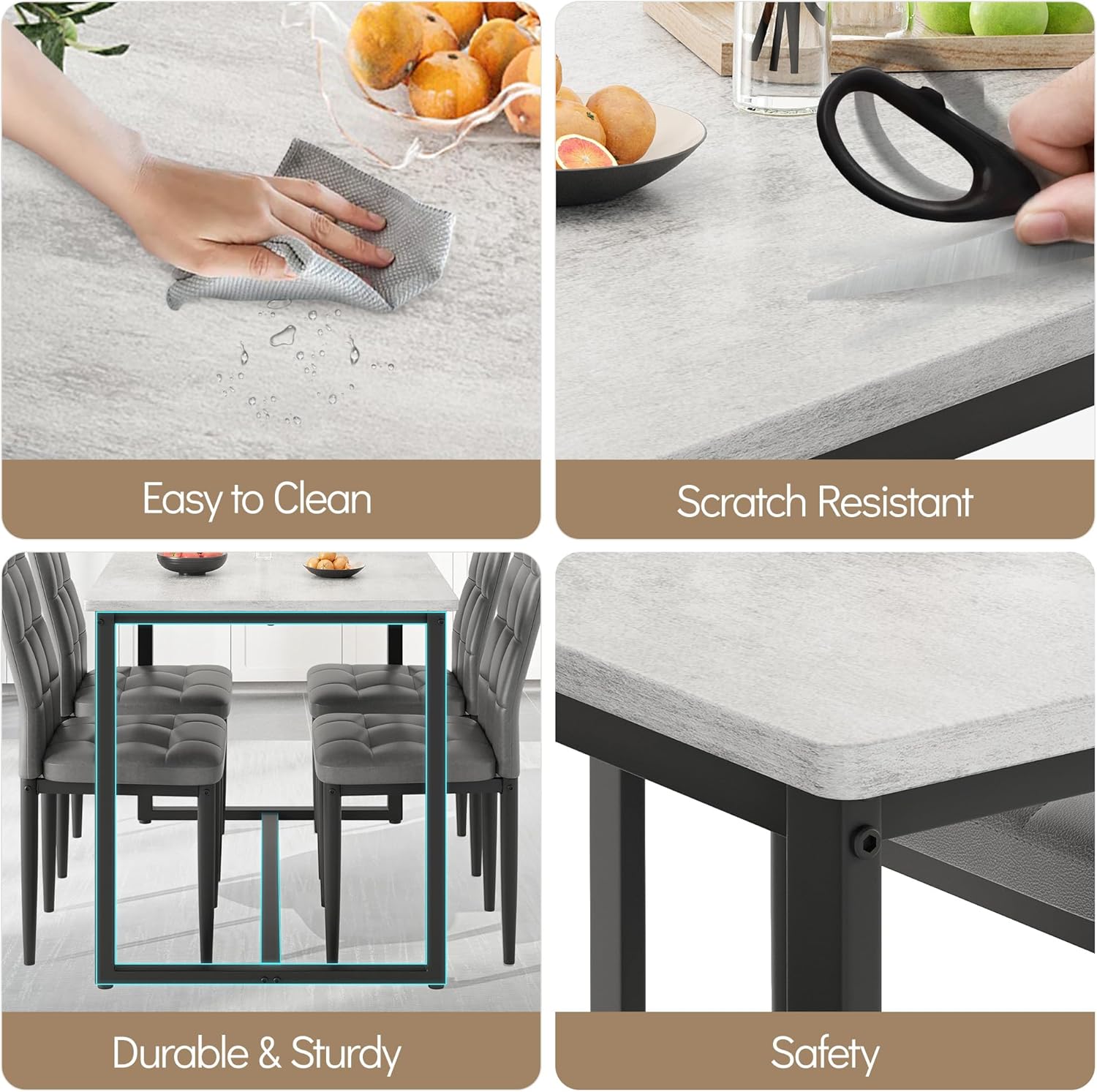 Dining Table Set for 4, PVC Faux Marble Kitchen Table Chairs Set of 4 with Upholstered PU Leather, Easy to Maintain, Sturdy and Scratch-Resistant, Space-Saving Dining Room Set