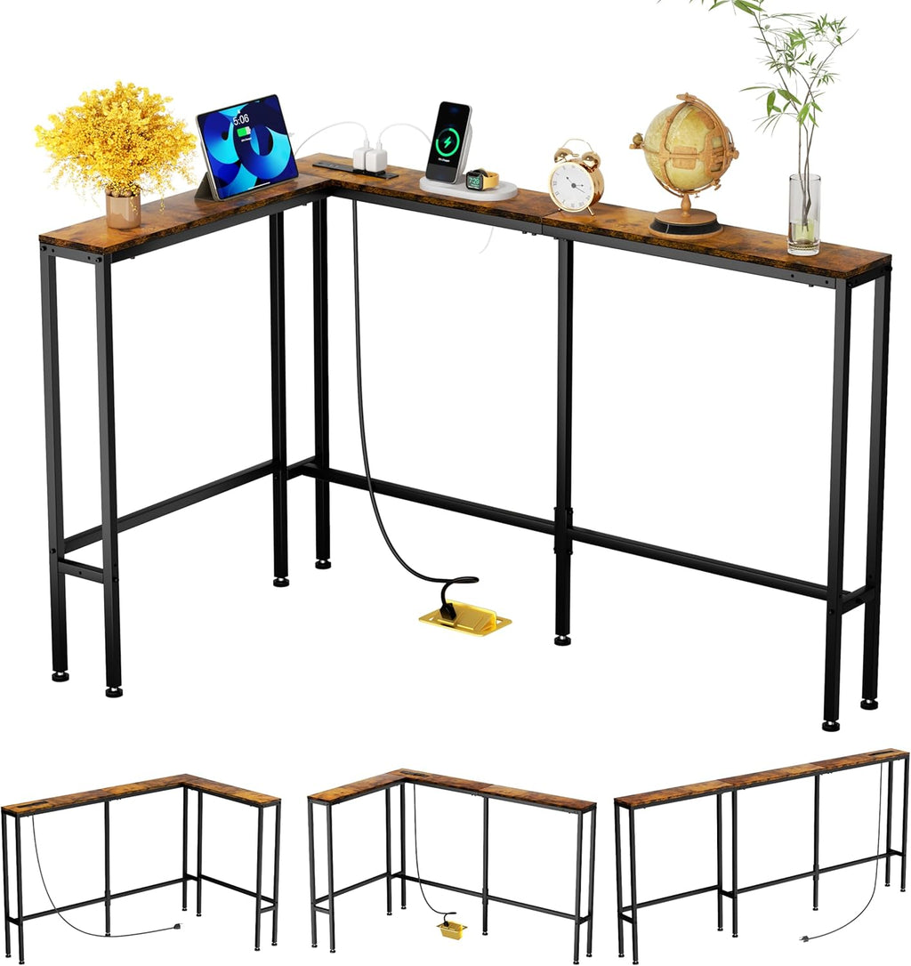 GRLEAF L Shaped 70" Narrow Console Sofa Table with Built-in Power Strip (2 AC Outlets & 2 USB Ports) – 4.9ft Power Cord, Metal Frame, Easy Assembly, Ideal for Behind Couch, Hallway (Rustic Brown,70IN)