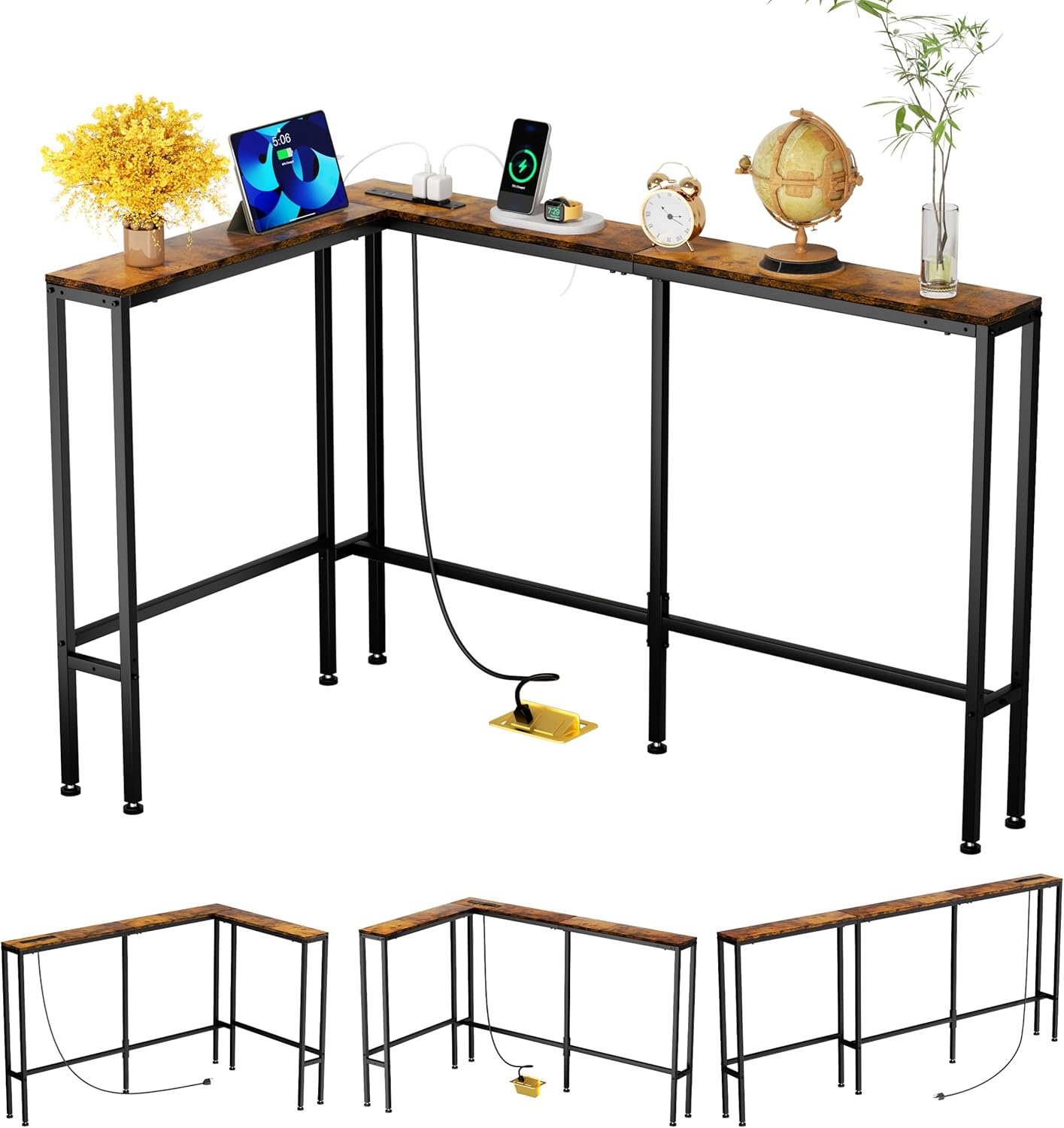 GRLEAF L Shaped 70" Narrow Console Sofa Table with Built-in Power Strip (2 AC Outlets & 2 USB Ports) – 4.9ft Power Cord, Metal Frame, Easy Assembly, Ideal for Behind Couch, Hallway (Rustic Brown,70IN)