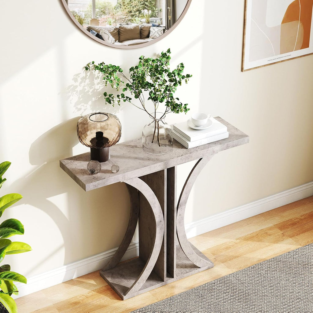 Giantex 40" Narrow Console Table, T-Shaped Entryway Table with Open Storage Shelve, Industrial Sofa Table Behind Couch, Modern Foyer Table, Accent Table for Living Room, Entrance, Hallway (Gray)