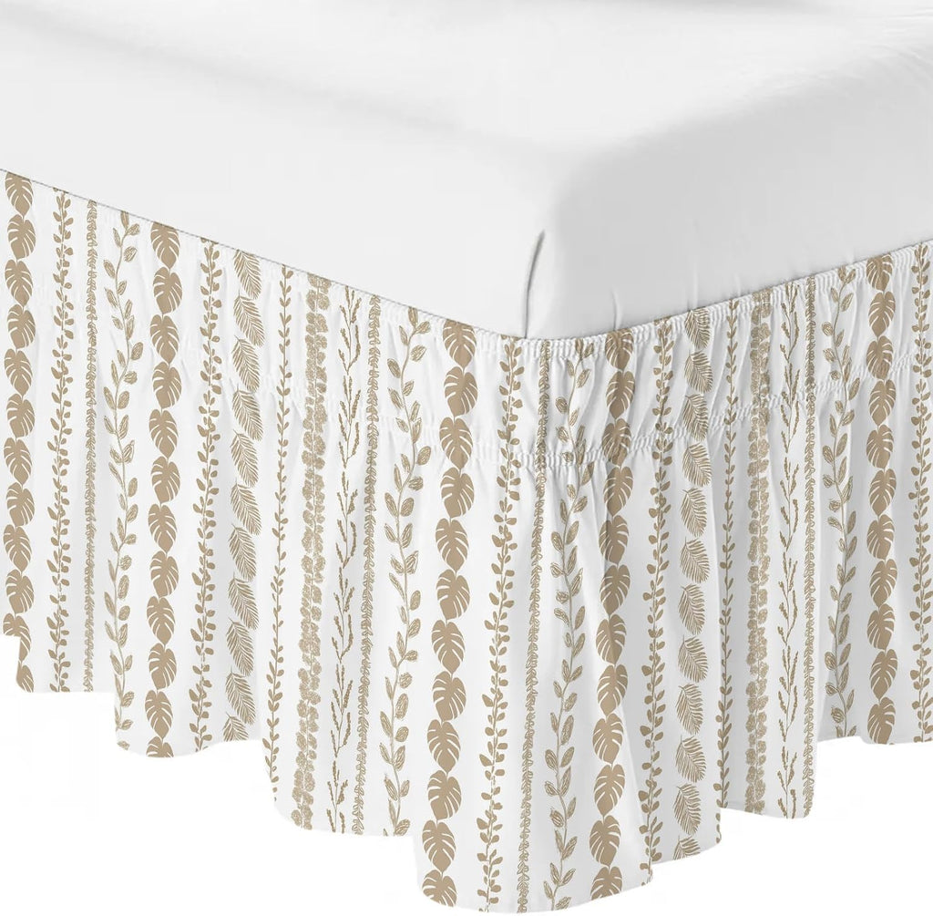 Brown Botanical Bed Skirt King Size 18 Inch Drop, Adjustable & Elastic Wrap Around Bed Skirts Pleated Luxury Dust Ruffles for Twin Full Queen Cal King Base Bed, Summer Botanical Leaf Vertical Stripes