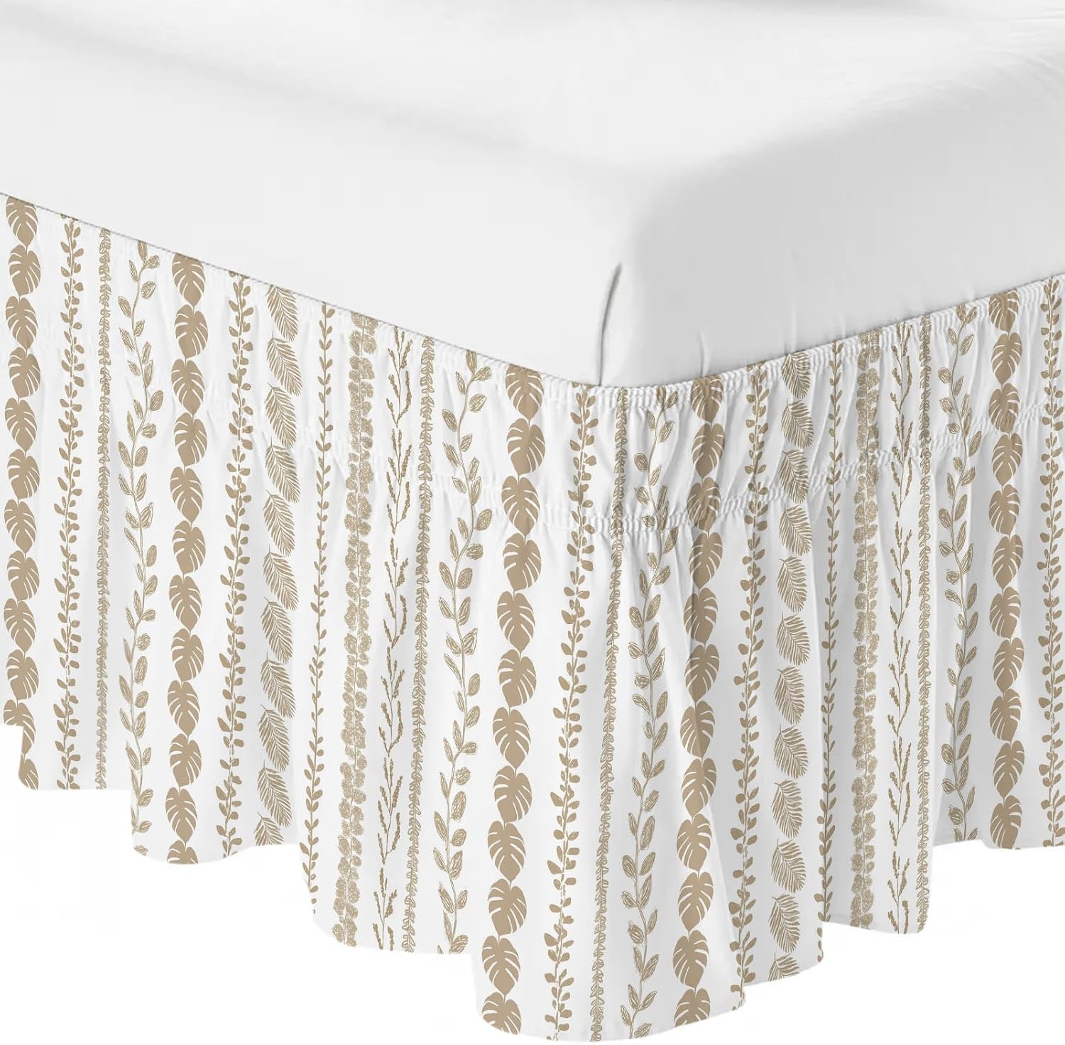 Brown Botanical Bed Skirt King Size 18 Inch Drop, Adjustable & Elastic Wrap Around Bed Skirts Pleated Luxury Dust Ruffles for Twin Full Queen Cal King Base Bed, Summer Botanical Leaf Vertical Stripes