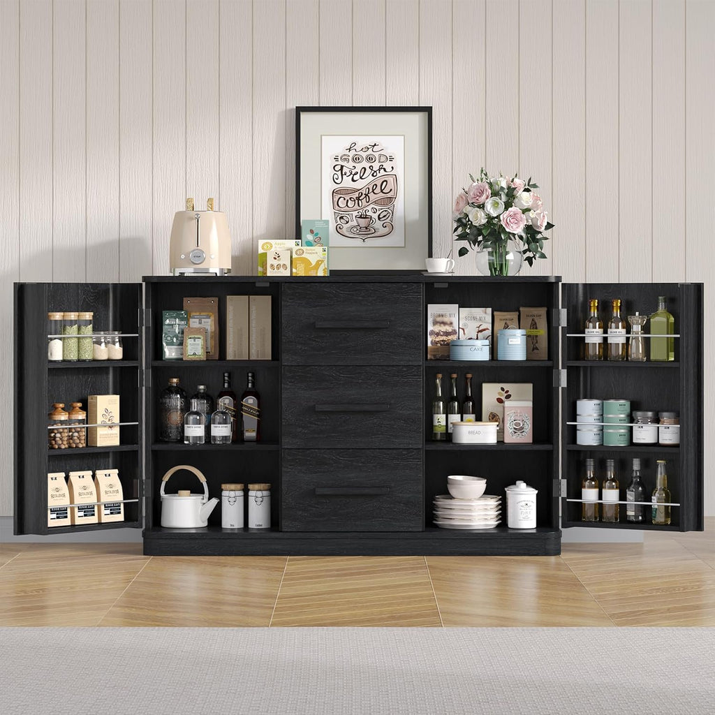 ONBRILL 47" Sideboard Buffet Cabinet with Storage and 3 Drawers, Large Buffet Cabinets with 2 Doors, Console Credenza, Modern Coffee Bar Table w/Adjustable Shelves for Dining Room, Living Room, Black
