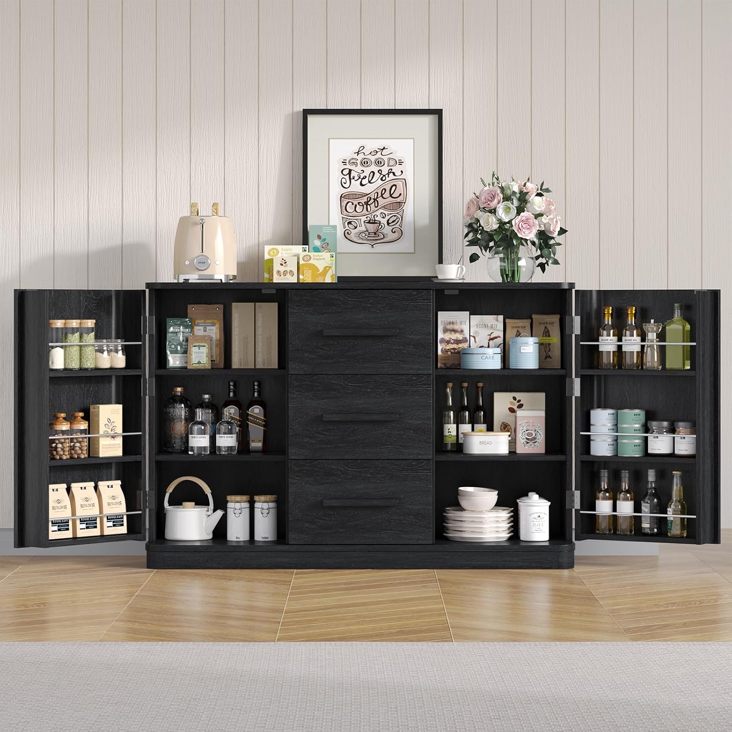 ONBRILL 47" Sideboard Buffet Cabinet with Storage and 3 Drawers, Large Buffet Cabinets with 2 Doors, Console Credenza, Modern Coffee Bar Table w/Adjustable Shelves for Dining Room, Living Room, Black