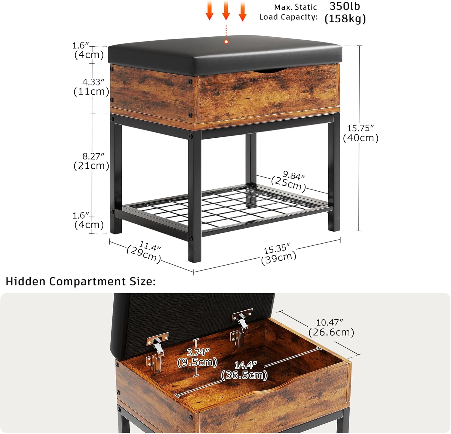 Small Shoe Storage Bench with Padded Seat, Vintage Brown Leather Top & Metal Frame Stool, Small Shoe Rack for Kids, Waterproof Durable Hallway Seat