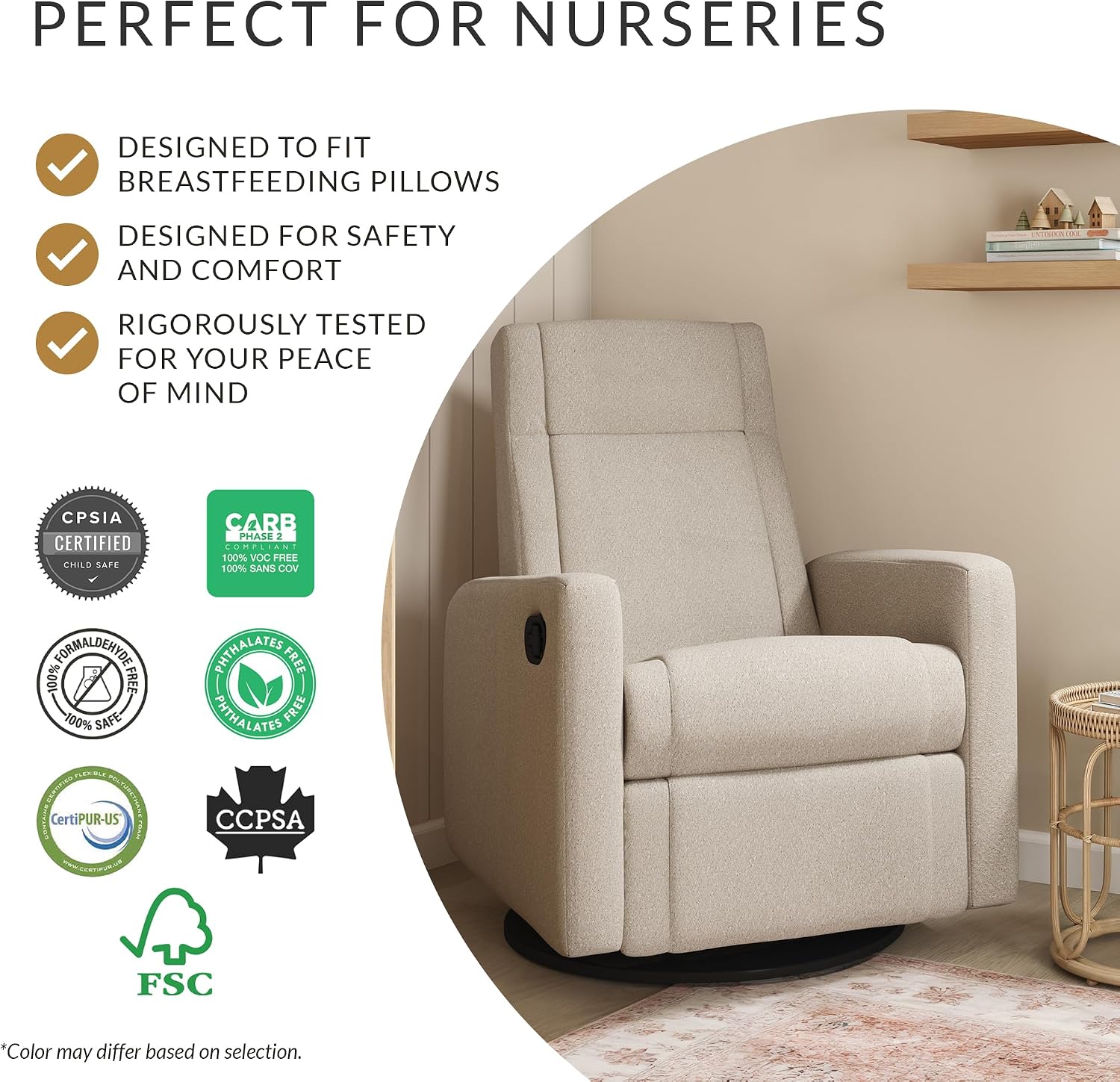 Jaymar Nelly Modern Nursery Glider Recliner Chair – Cozy Nursing Chair with 360° Swivel for New Parents, Gentle Motion, Compact Design, Lumbar Support – Made in Canada (Vanilla/Beyond Sheep Fabric)